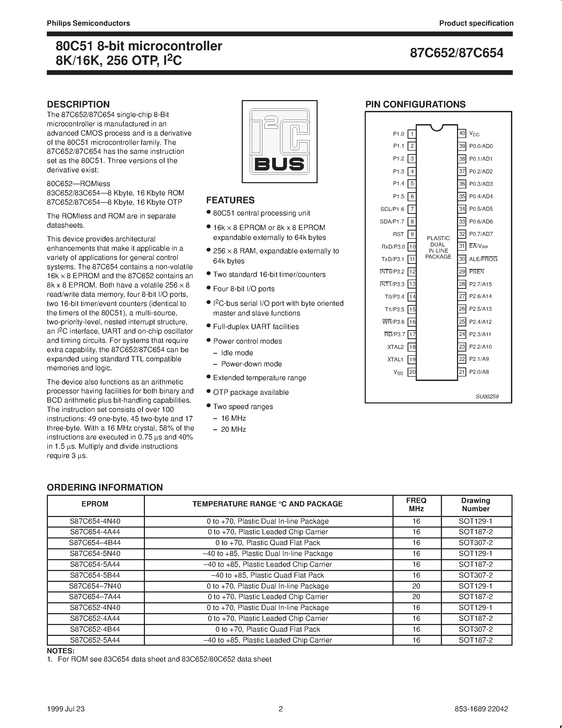 Datasheet S87C652-4 - 80C51 8-bit microcontroller 8K/16K / 256 OTP / I2C page 2
