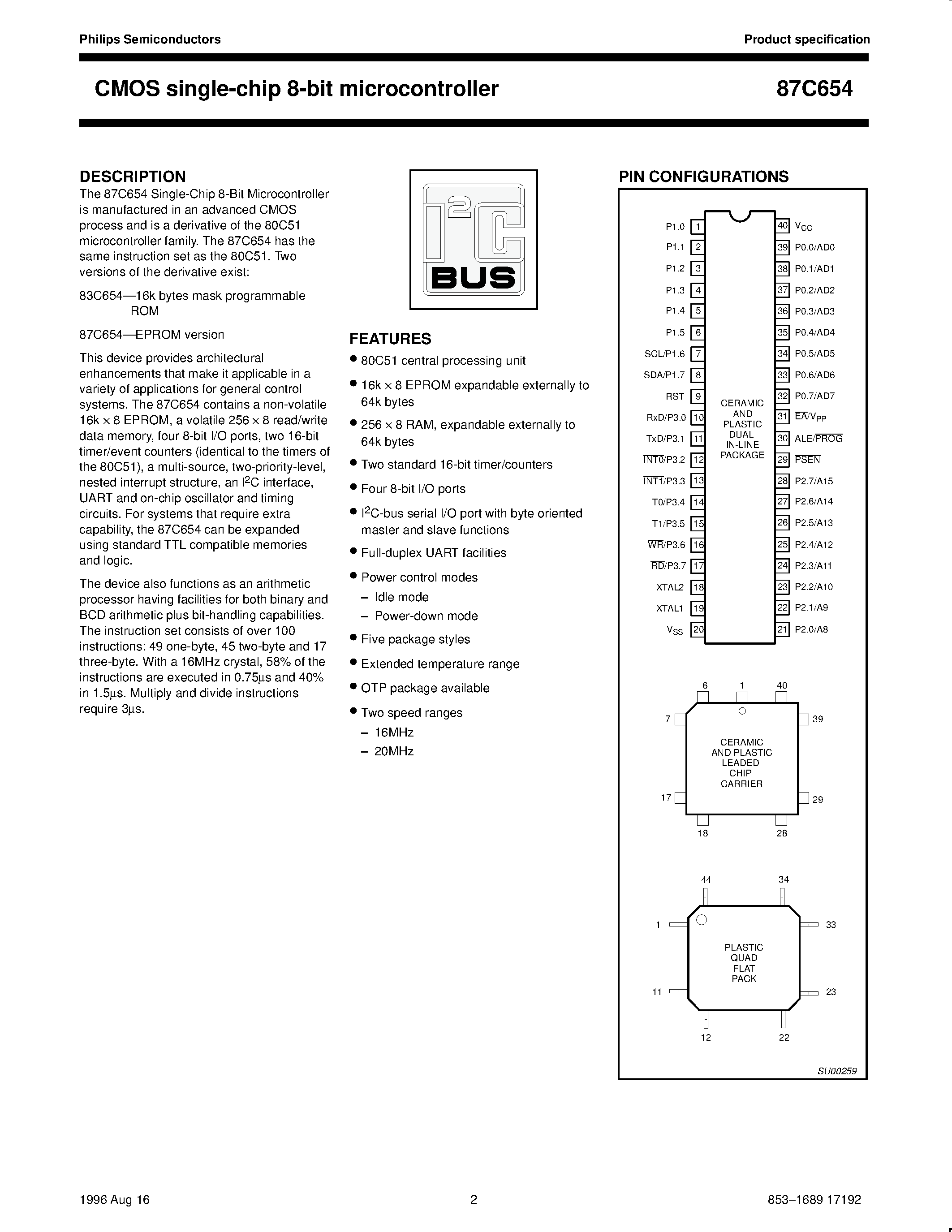 Datasheet S87C654-4 - 80C51 8-bit microcontroller 8K/16K / 256 OTP / I2C page 2