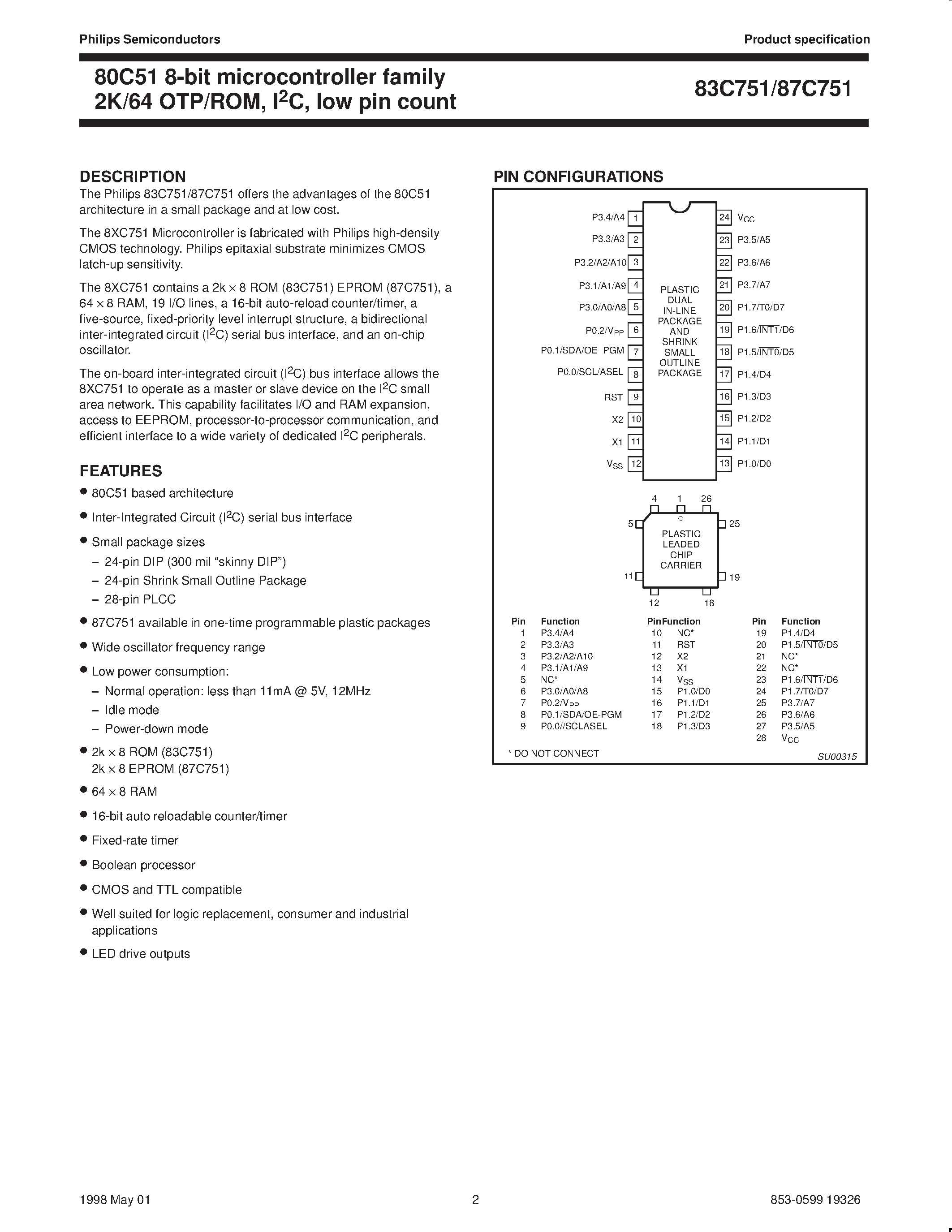 Datasheet S87C751-1N24 page 2 Datasheet S87C751-1N24 - 80C51 8-bit microcontroller family 2K/64 OTP/ROM / I2C / low pin count page 2