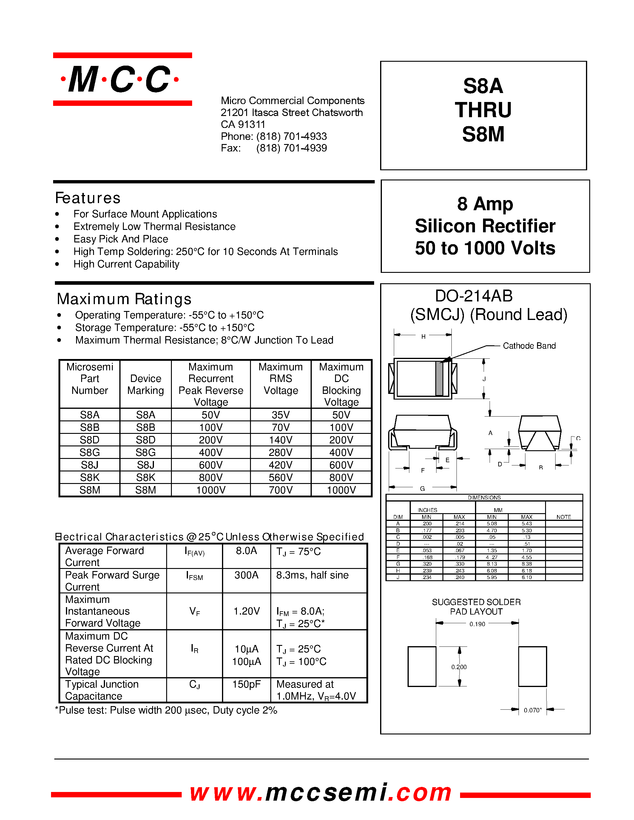 Datasheet S8M page 1 Datasheet S8M - 8 Amp Silicon Rectifier 50 to 1000 Volts page 1