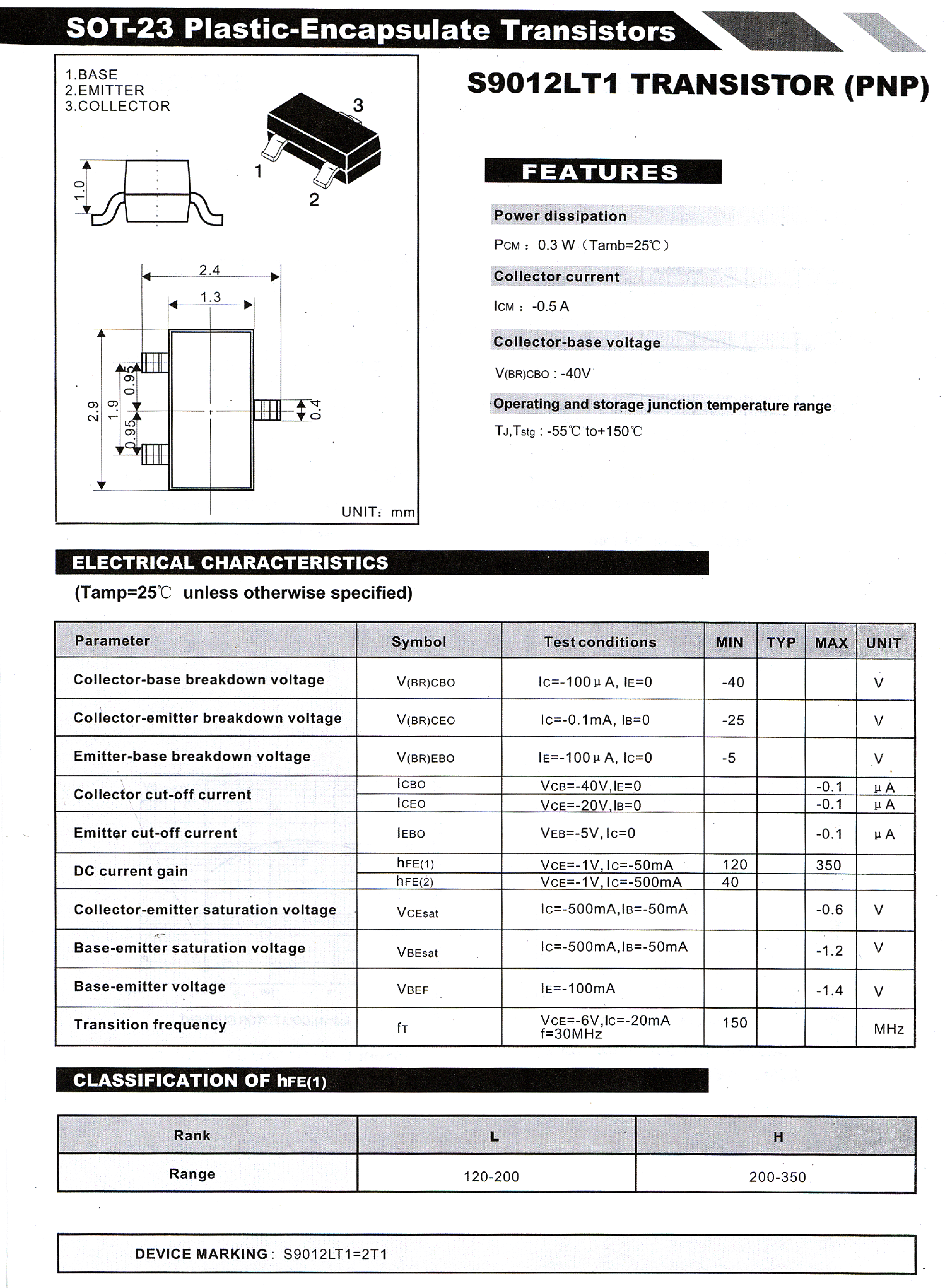 Datasheet S9012LT1 - SOT-23 Plastic-Encapsulate Transistors page 1