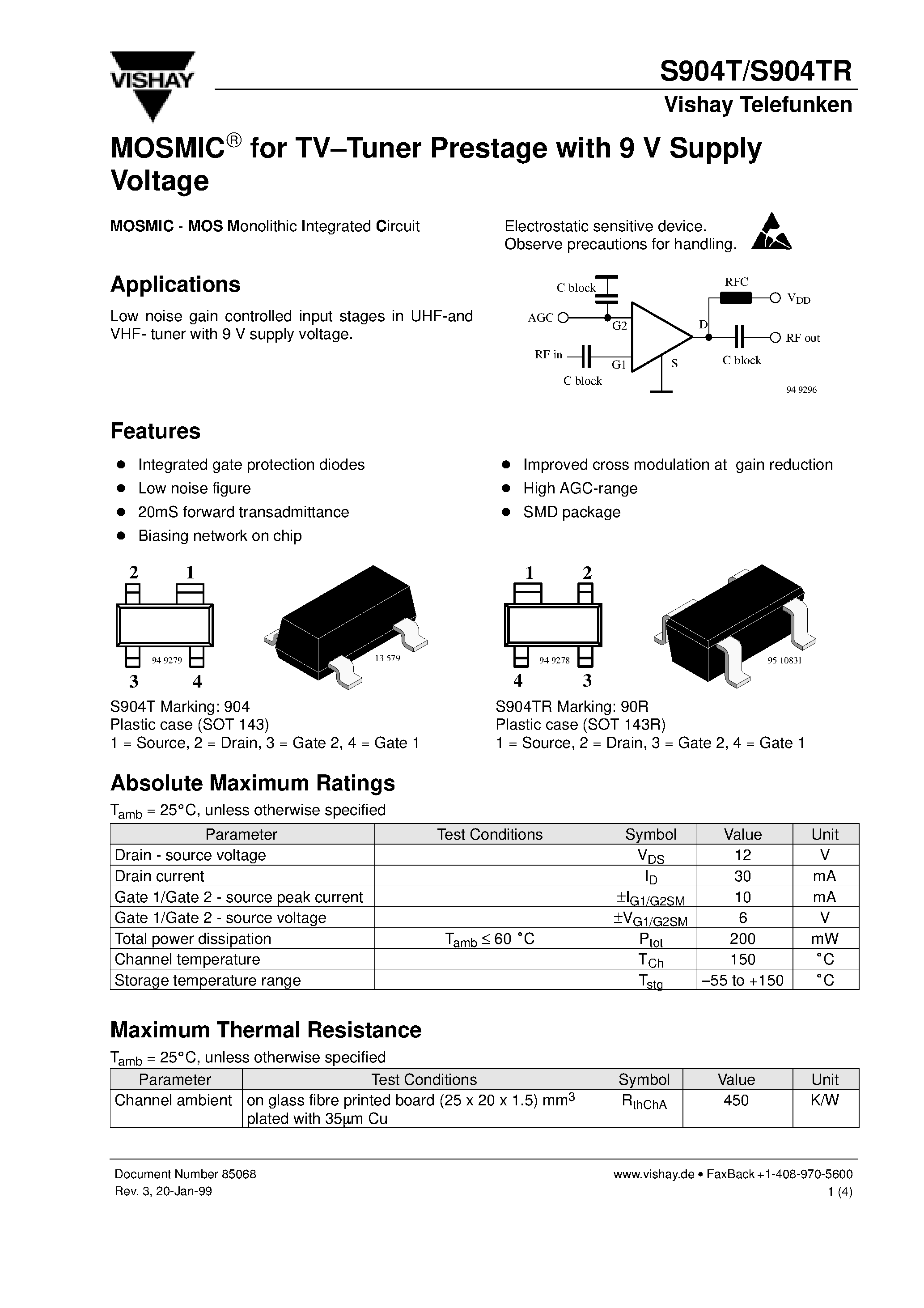 Даташит S904 - MOSMIC for TV-Tuner Prestage with 9 V Supply Voltage страница 1
