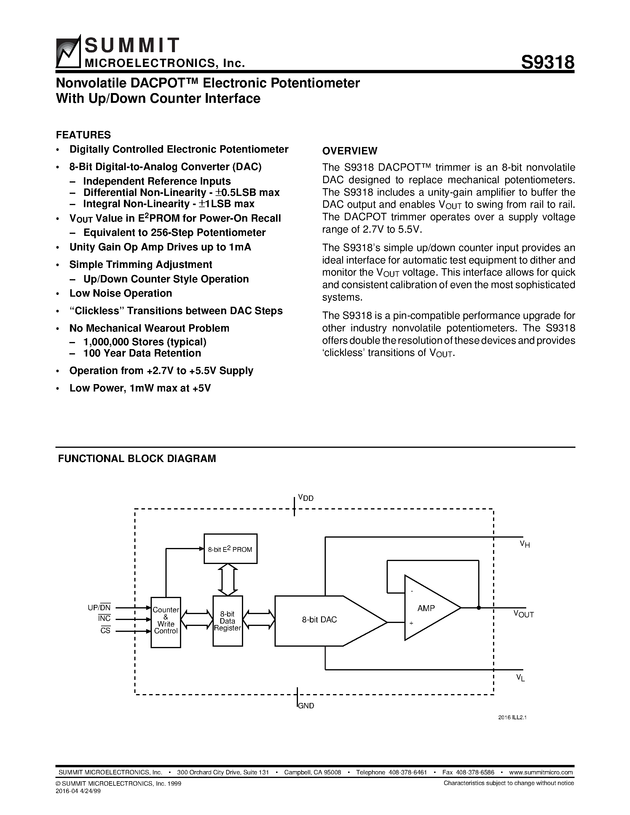 Datasheet S9318 - Nonvolatile DACPOT Electronic Potentiometer With Up/Down Counter Interface page 1