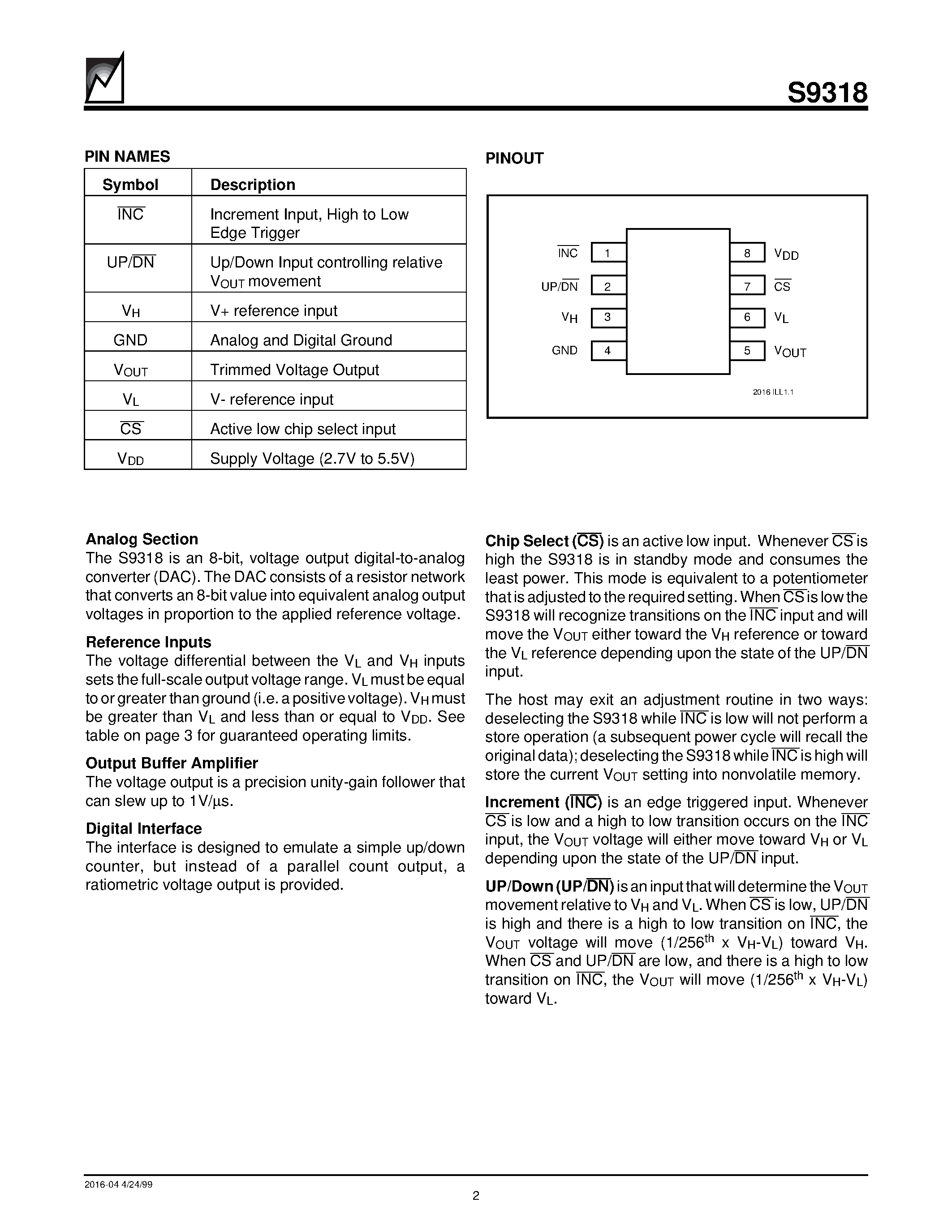 Datasheet S9318 - Nonvolatile DACPOT Electronic Potentiometer With Up/Down Counter Interface page 2