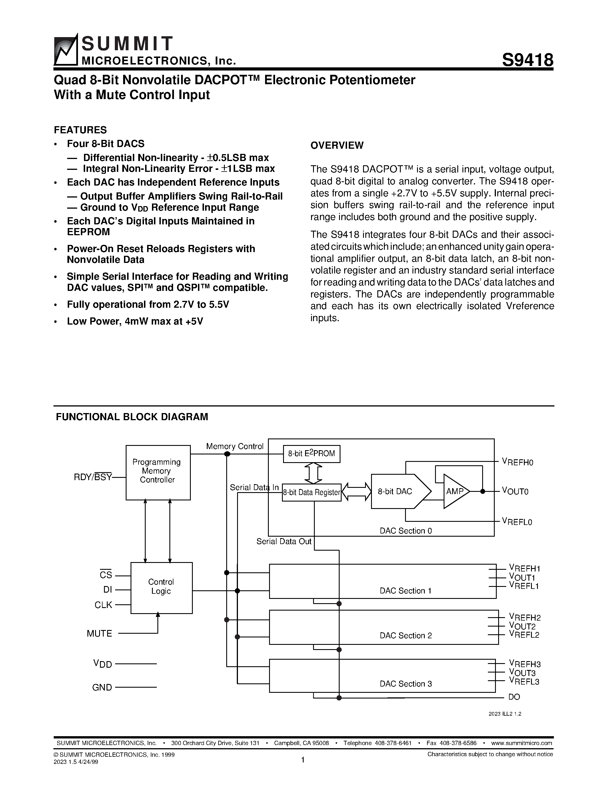 Даташит S9418 - Quad 8-Bit Nonvolatile DACPOT Electronic Potentiometer With a Mute Control Input страница 1