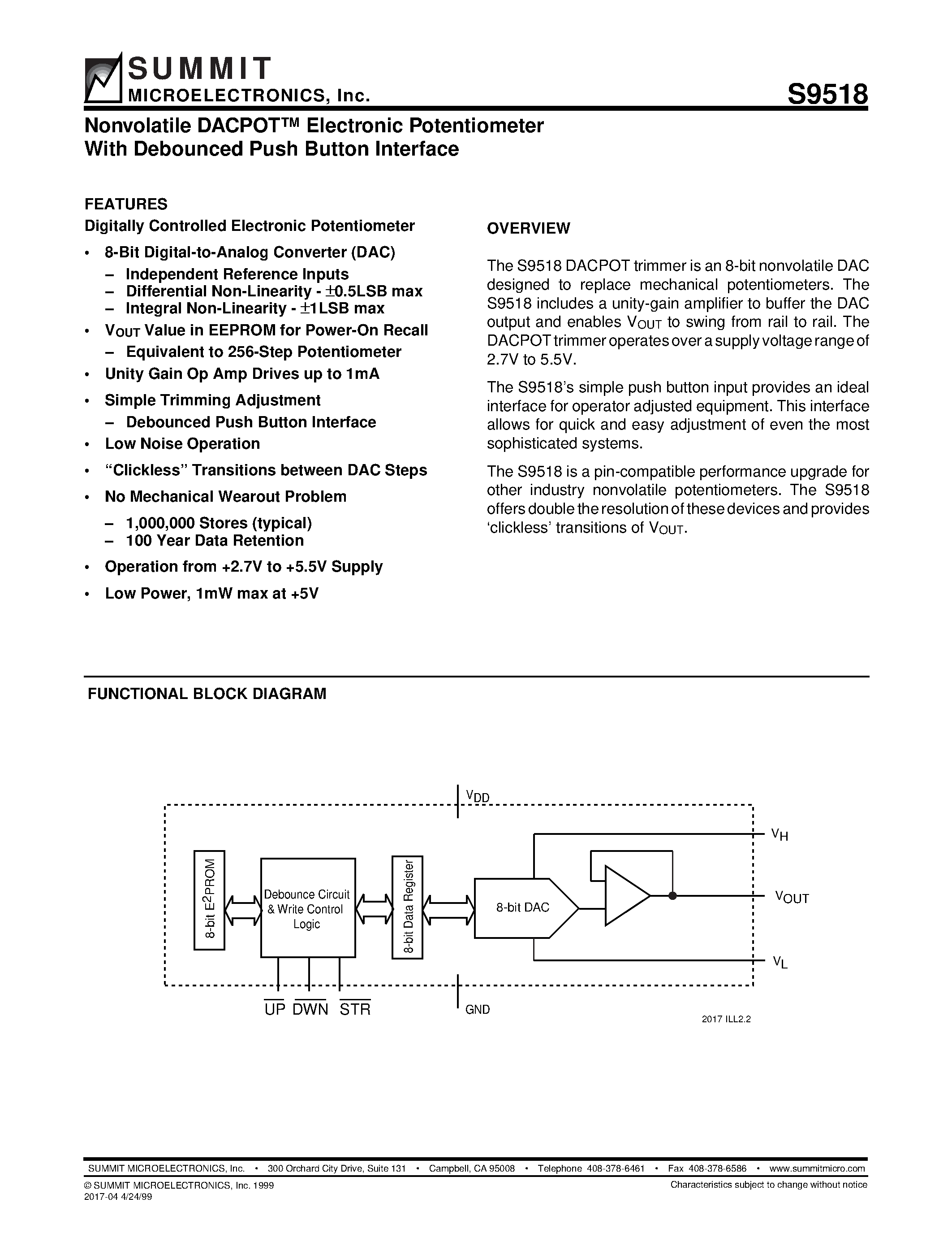 Datasheet S9518 page 1 Datasheet S9518 - Nonvolatile DACPOT Electronic Potentiometer With Debounced Push Button Interface page 1