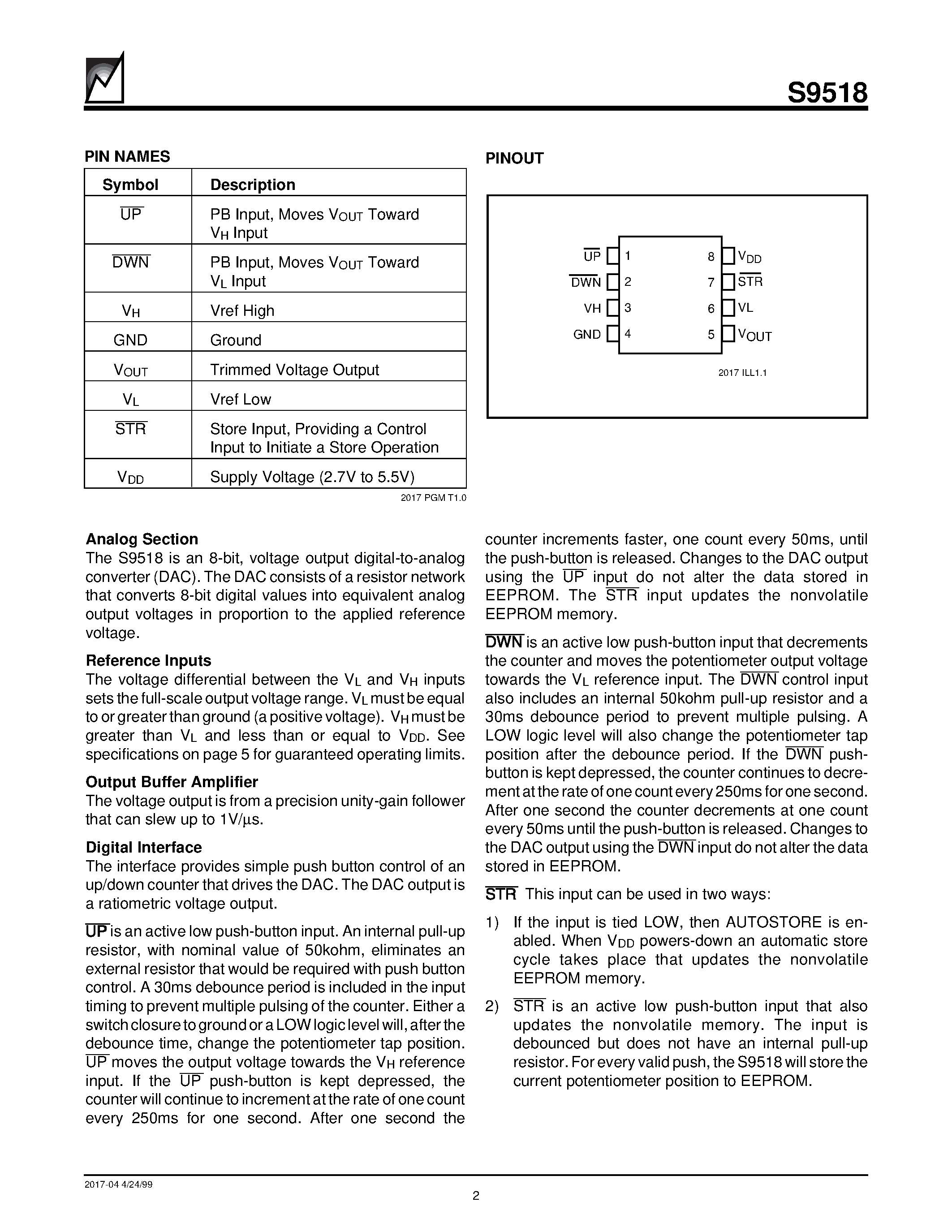 Даташит S9518 - Nonvolatile DACPOT Electronic Potentiometer With Debounced Push Button Interface страница 2
