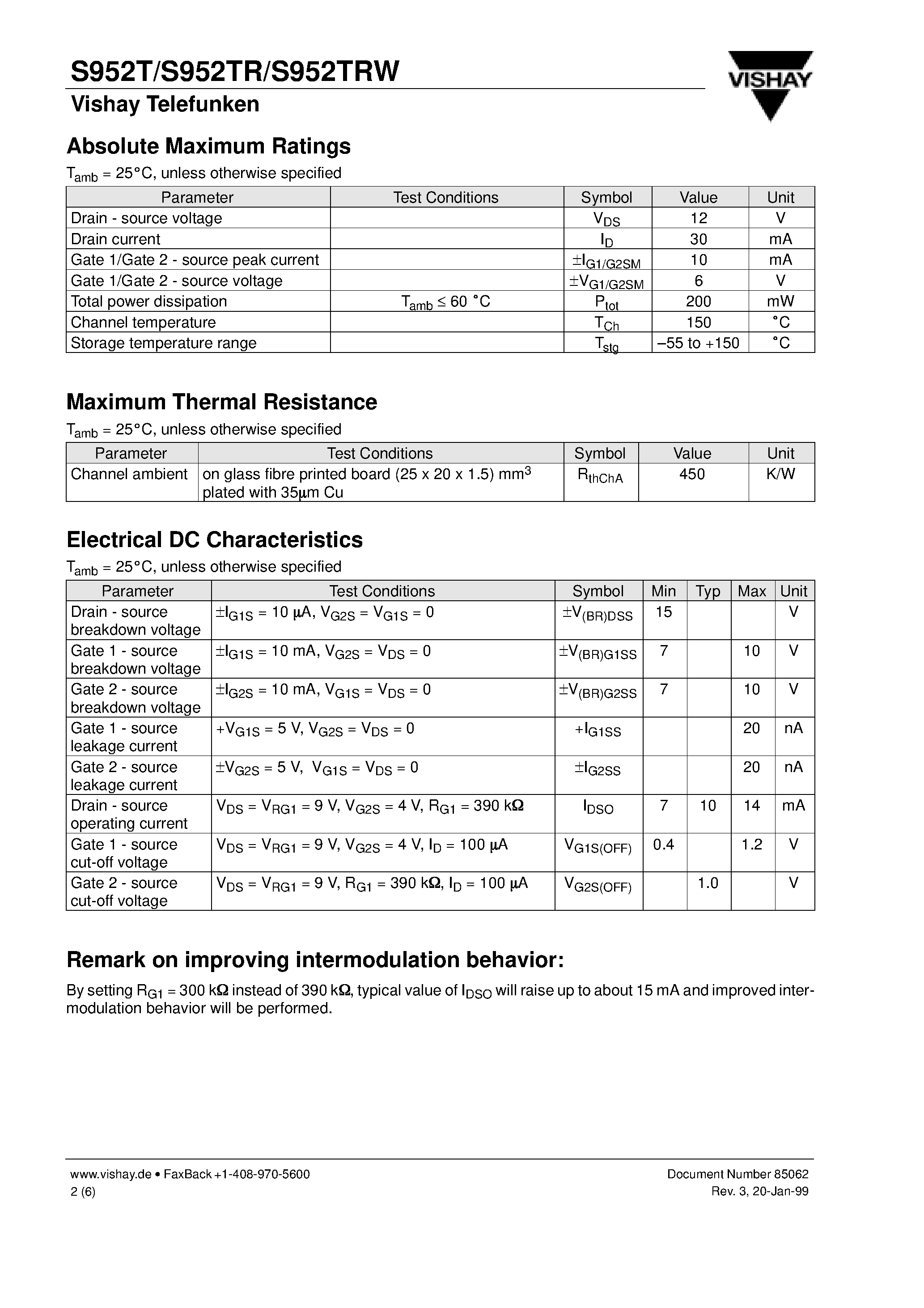 Даташит S952TRW - MOSMIC for TV-Tuner Prestage with 9 V Supply Voltage страница 2