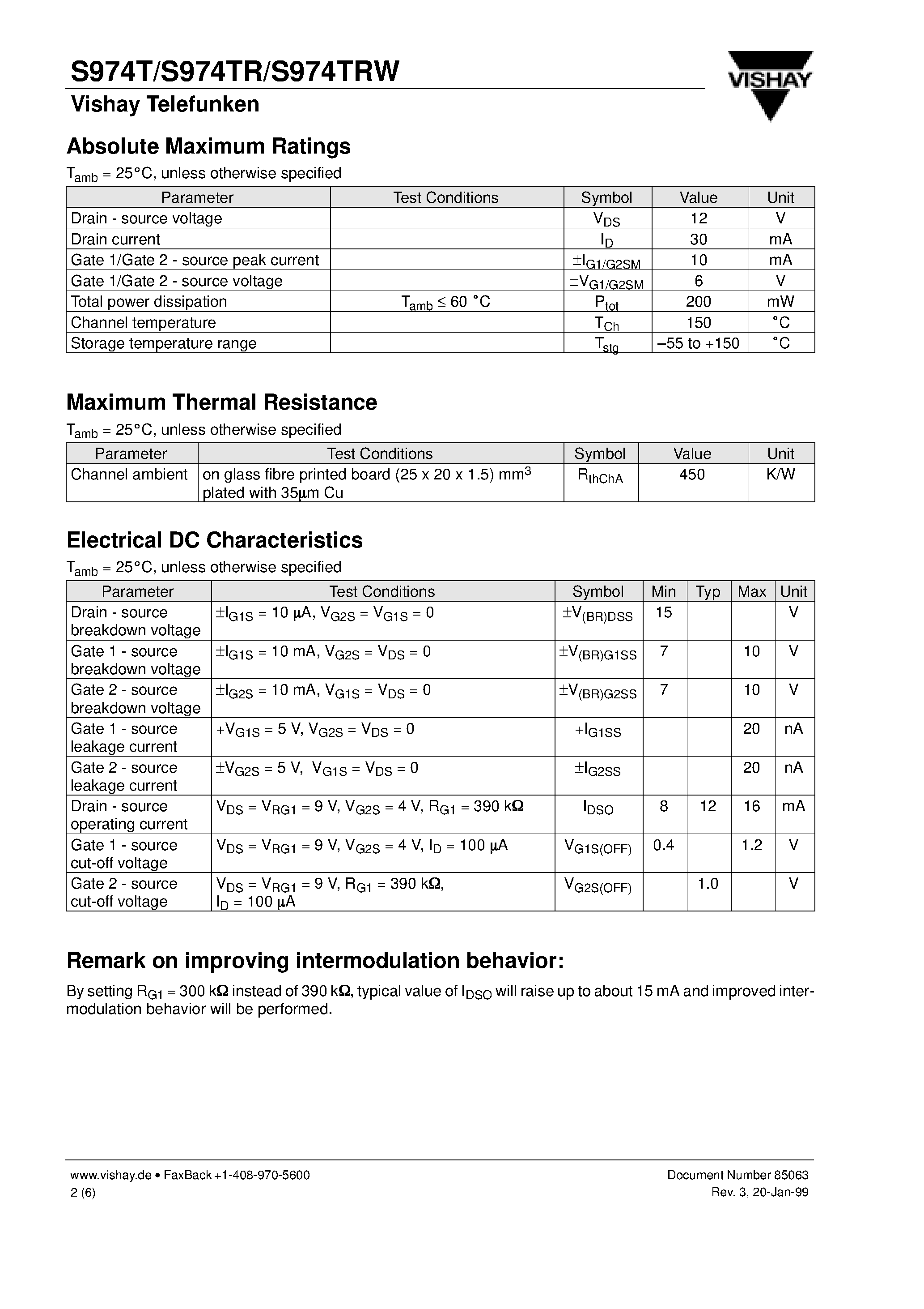 Даташит S974T - MOSMIC for TV-Tuner Prestage with 9 V Supply Voltage страница 2