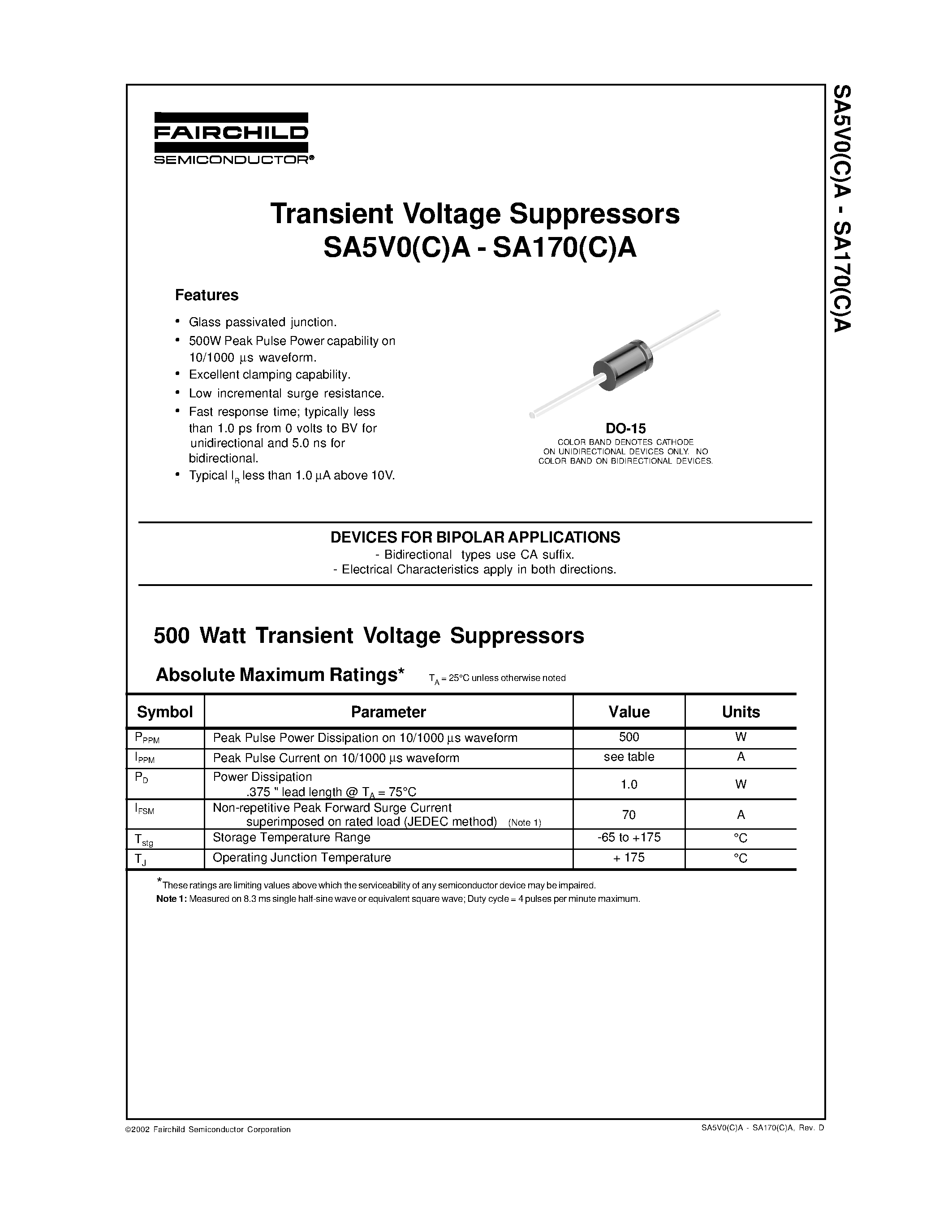 Даташит SA130A - Transient Voltage Suppressors страница 1