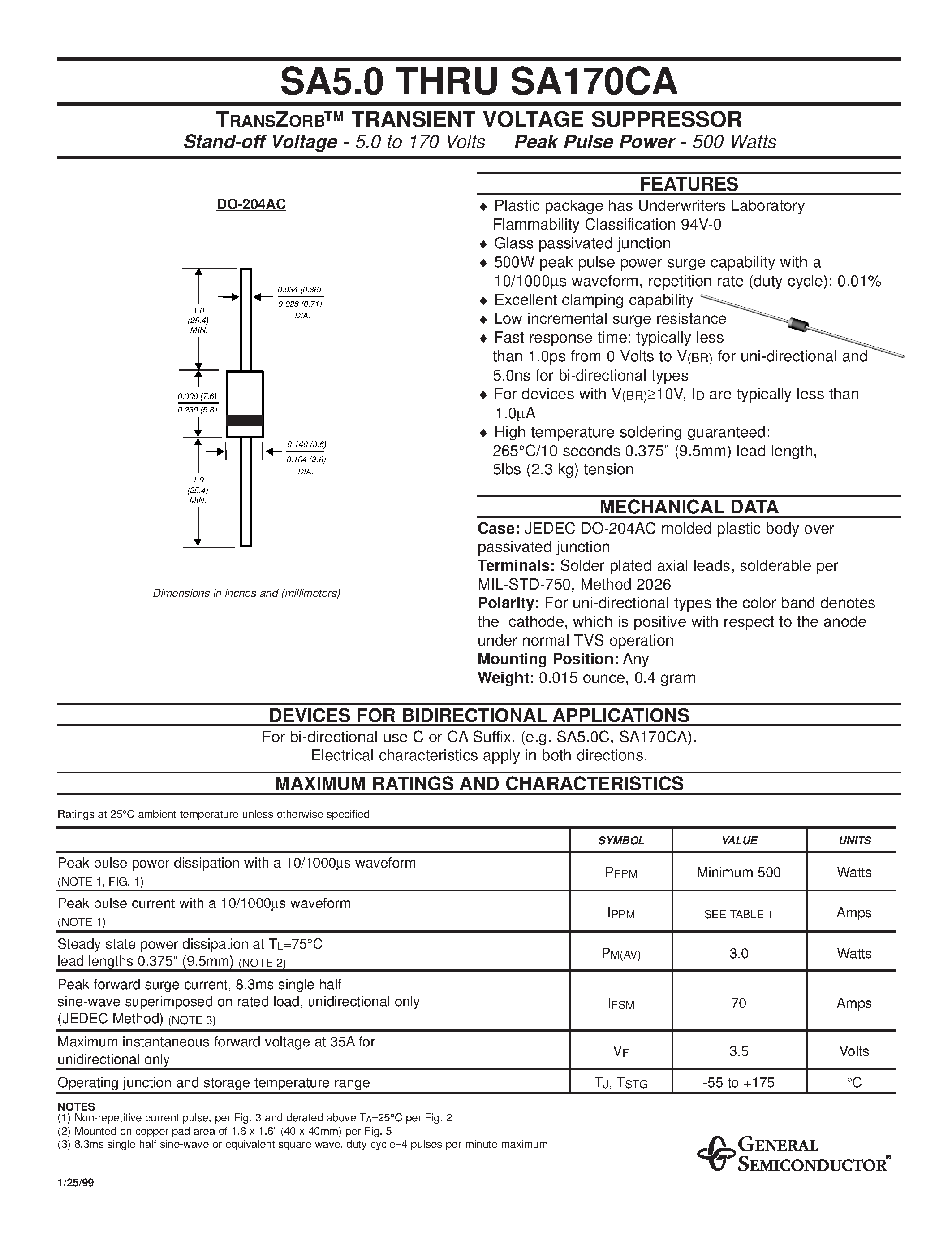 Даташит SA160A - TRANSZORB TRANSIENT VOLTAGE SUPPRESSOR страница 1