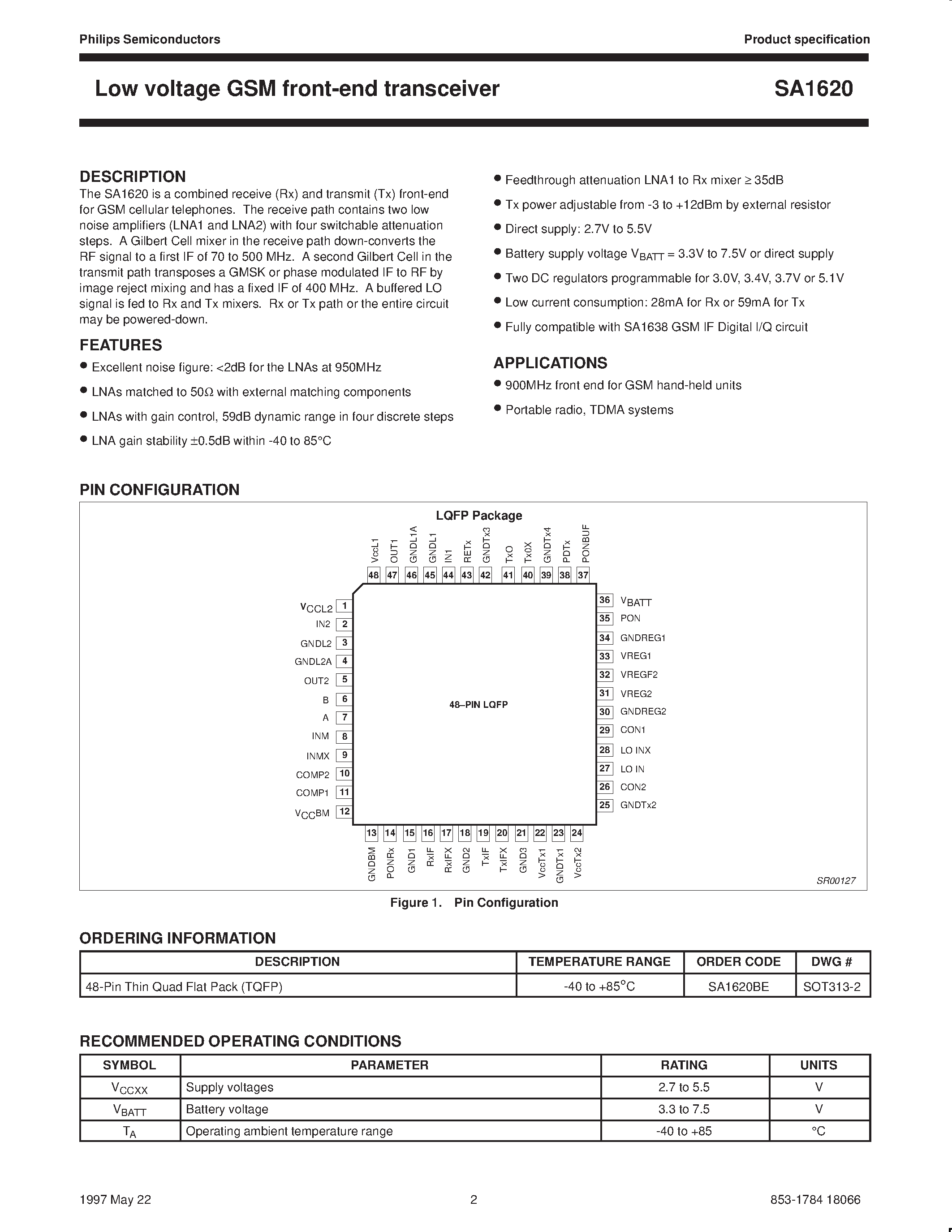 Даташит SA1620 - Low voltage GSM front-end transceiver страница 2