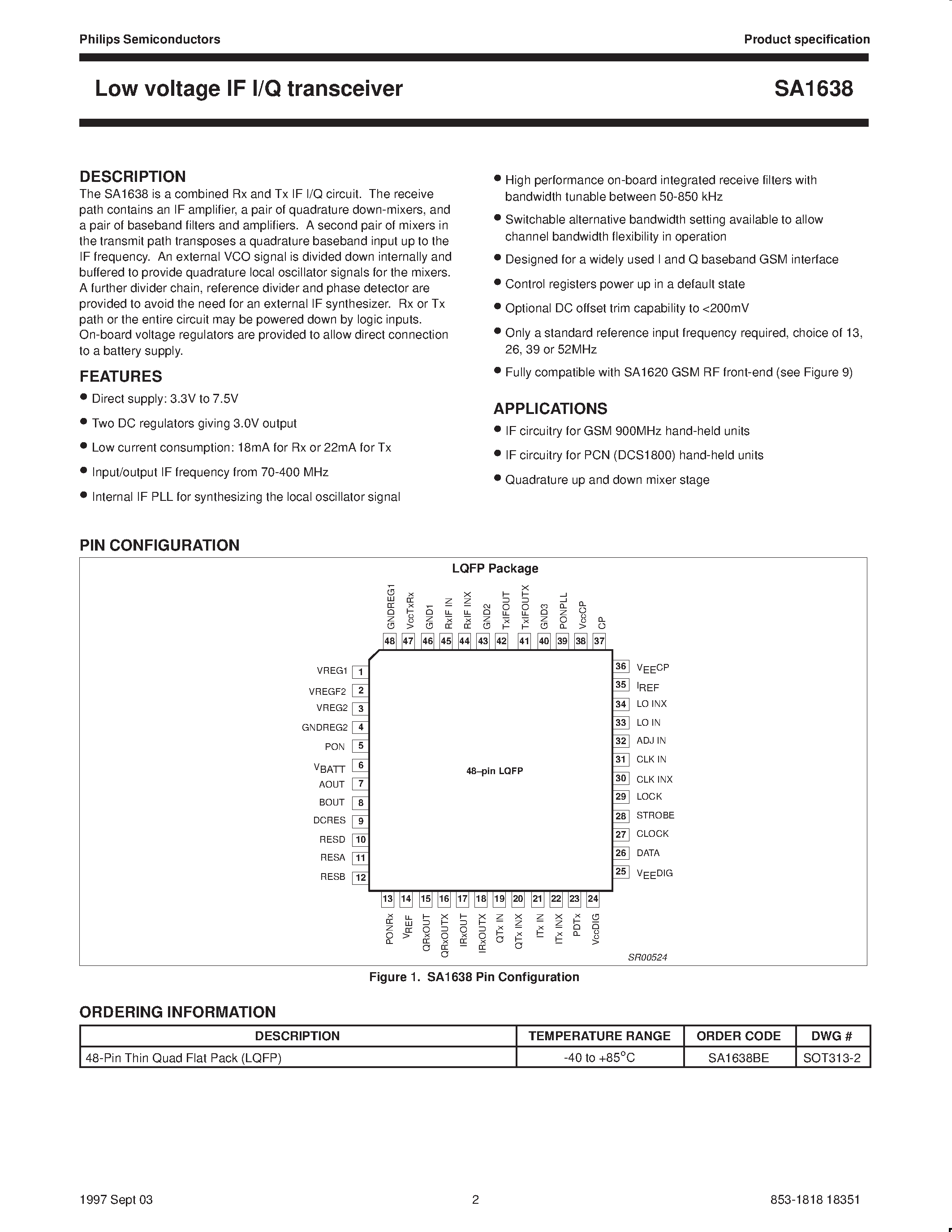 Даташит SA1638BE - Low voltage IF I/Q transceiver страница 2