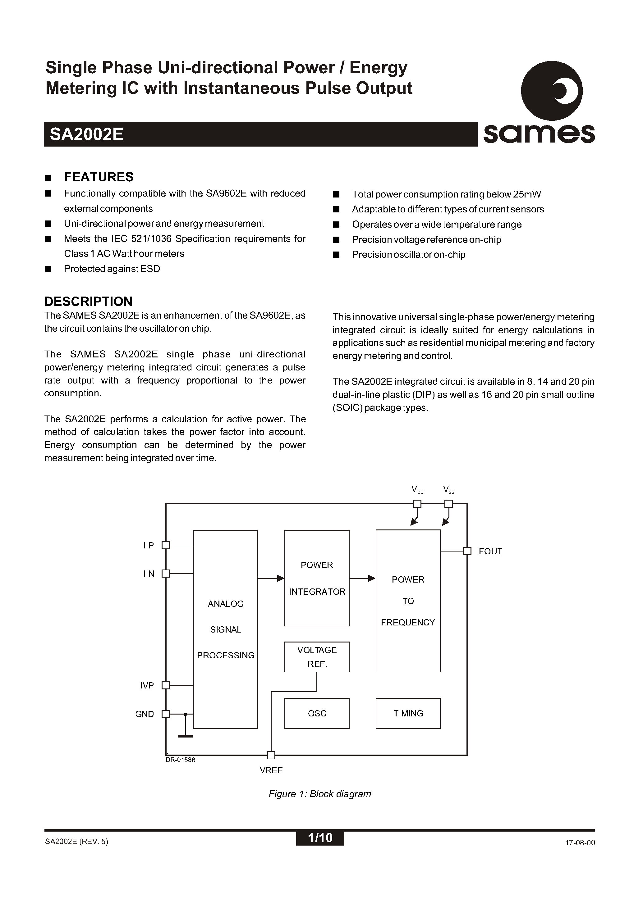 Даташит на микросхему SA2002EPA страница 1 Даташит SA2002EPA - Single Phase Uni-directional Power / Energy Metering IC with Instantaneous Pulse Output страница 1