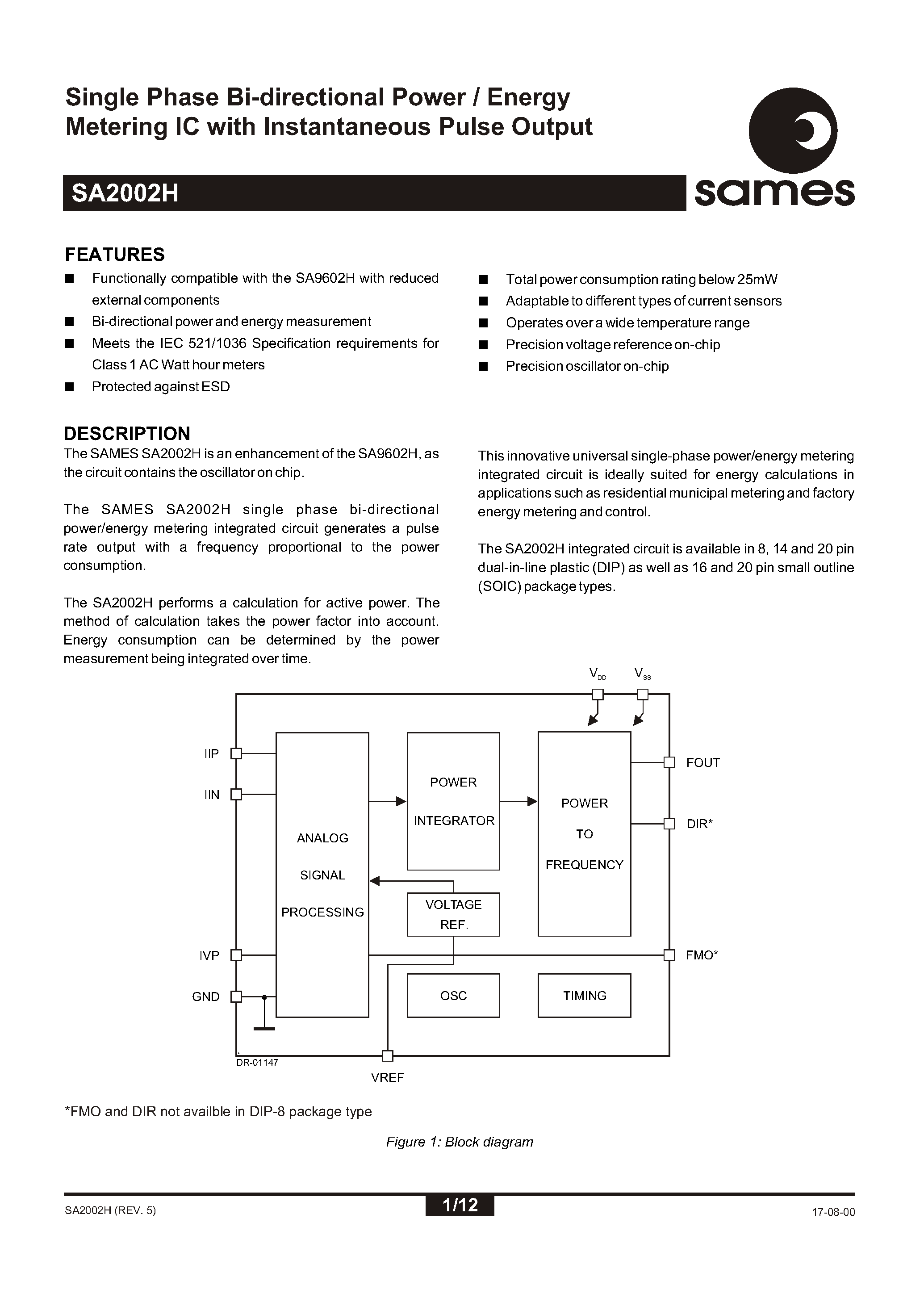 Даташит на микросхему SA2002HPA страница 1 Даташит SA2002HPA - Single Phase Bi-directional Power / Energy Metering IC with Instantaneous Pulse Output страница 1