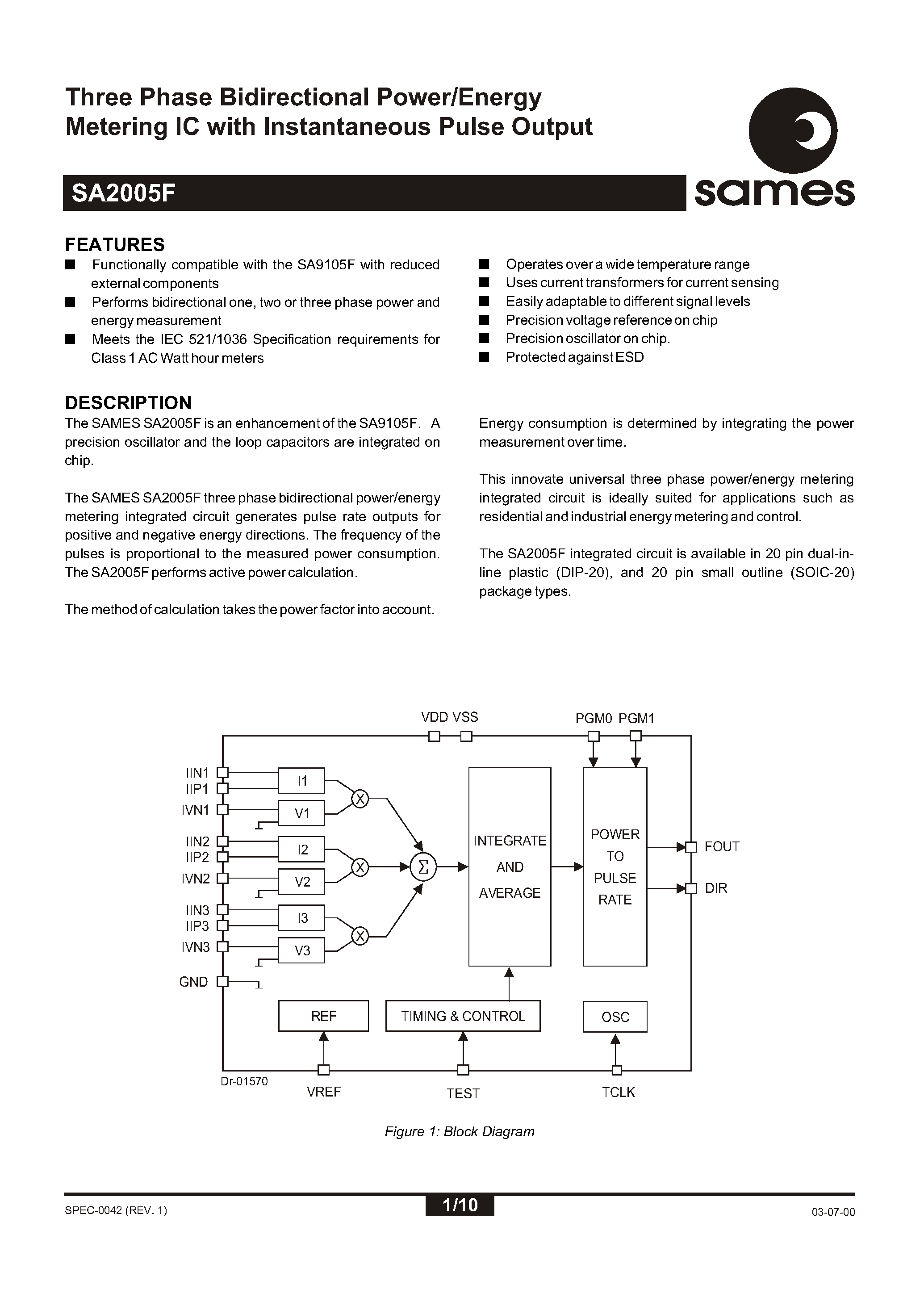 Даташит на микросхему SA2005 страница 1 Даташит SA2005 - Programmable Three Phase Power / Energy Metering IC for Stepper Motor / Impulse Counter Applications страница 1