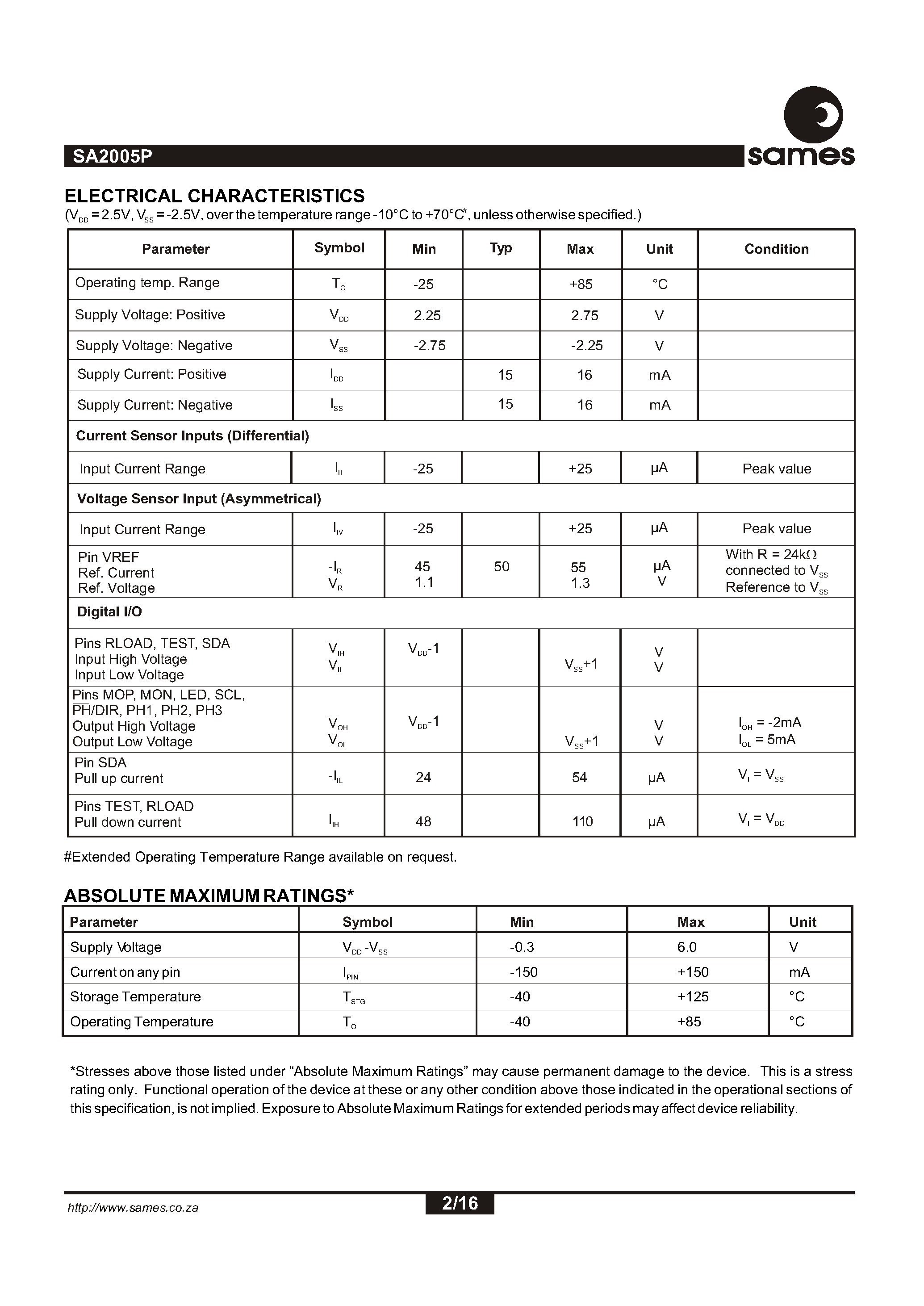 Даташит на микросхему SA2005P страница 2 Даташит SA2005P - Programmable Three Phase Power / Energy Metering IC for Stepper Motor / Impulse Counter Applications страница 2