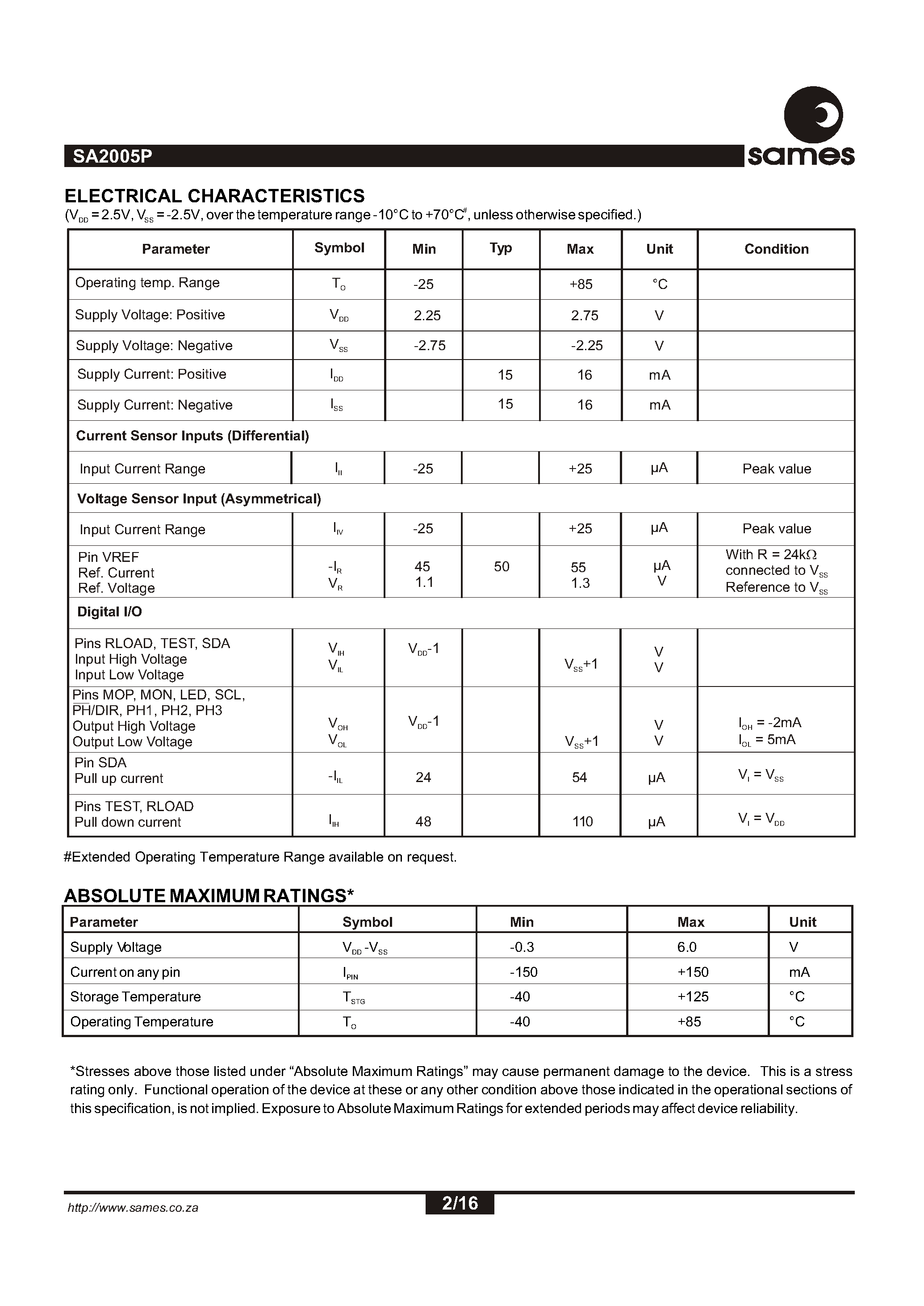 Datasheet SA2005P - Programmable Three Phase Power / Energy Metering IC for Stepper Motor / Impulse Counter Applications page 2