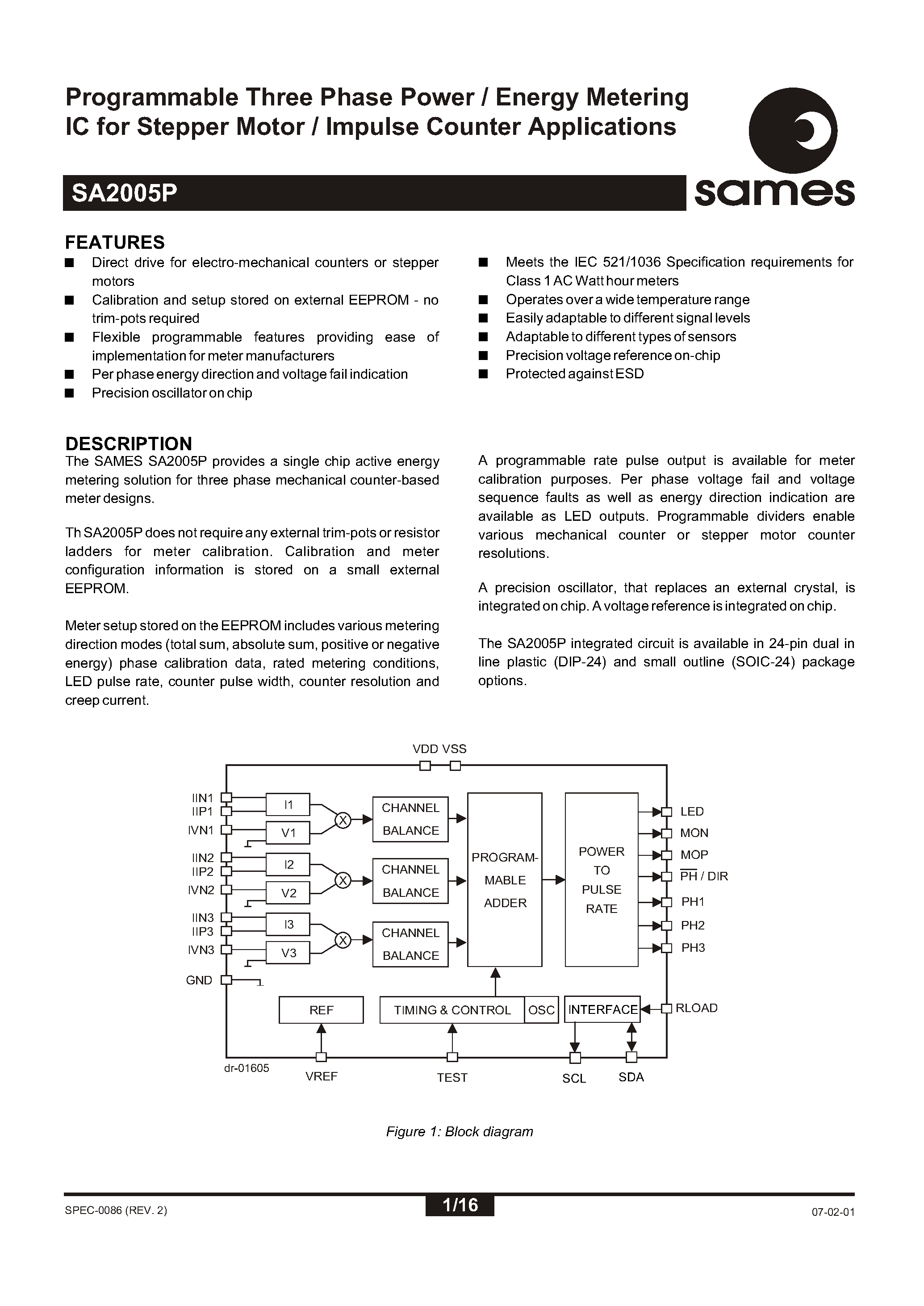 Даташит на микросхему SA2005PSA страница 1 Даташит SA2005PSA - Programmable Three Phase Power / Energy Metering IC for Stepper Motor / Impulse Counter Applications страница 1
