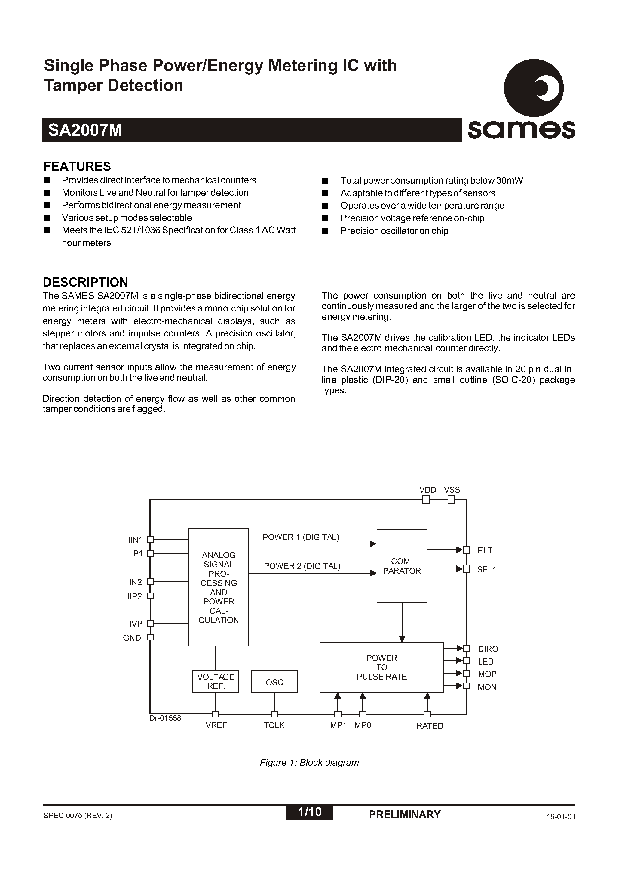 Даташит SA2007MPA - Single Phase Power/Energy Metering IC with Tamper Detection страница 1