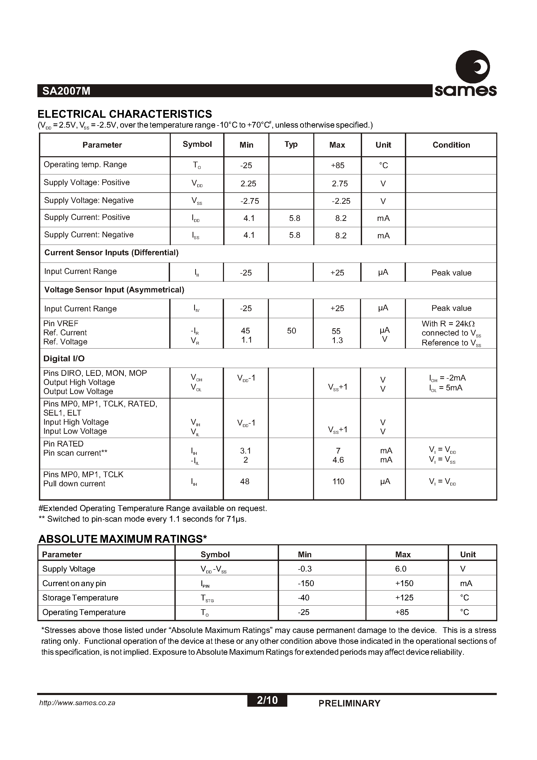 Даташит SA2007MPA - Single Phase Power/Energy Metering IC with Tamper Detection страница 2