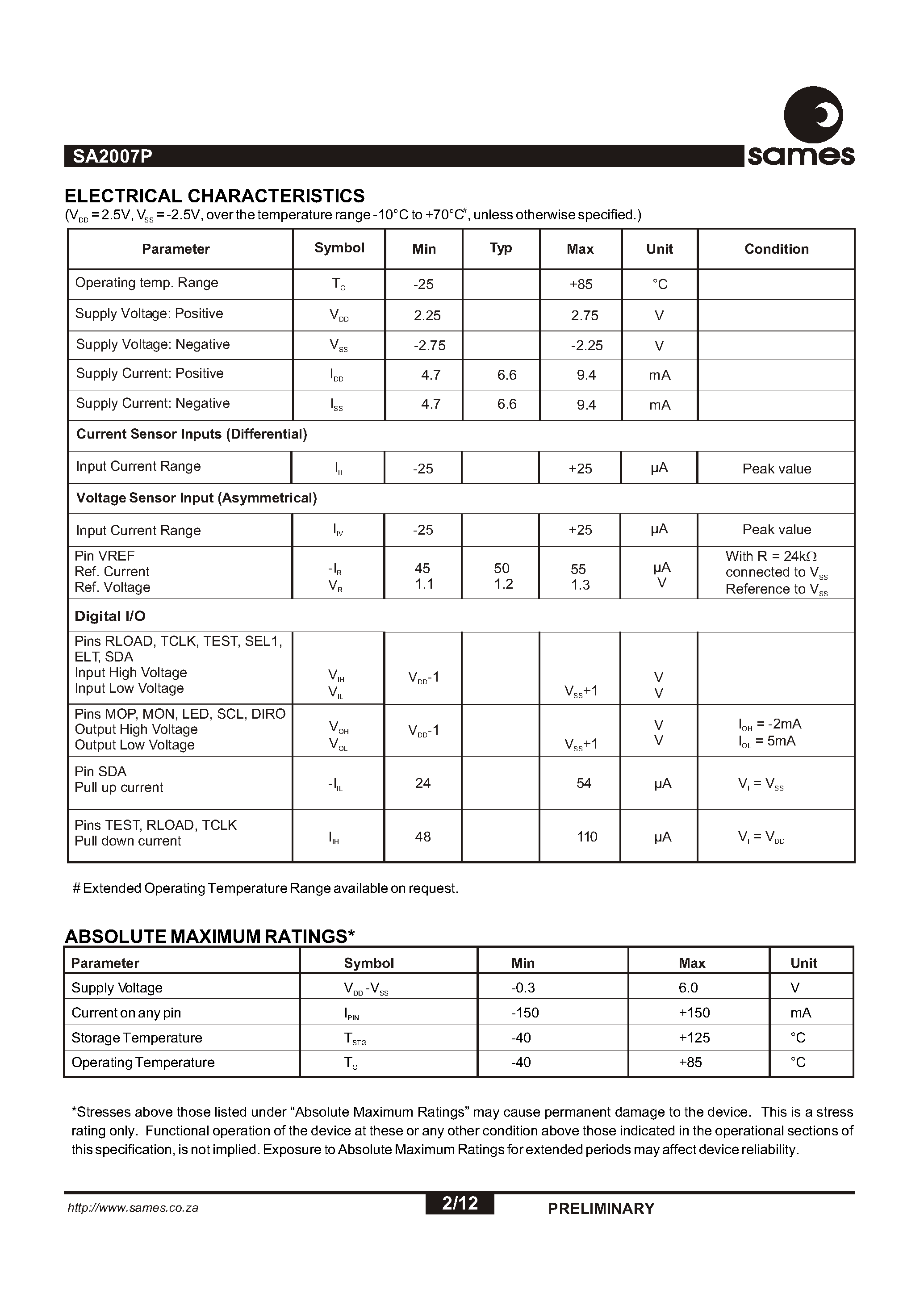 Datasheet SA2007P page 2 Datasheet SA2007P - Programmable Single Phase Energy Metering IC with Tamper Detection page 2