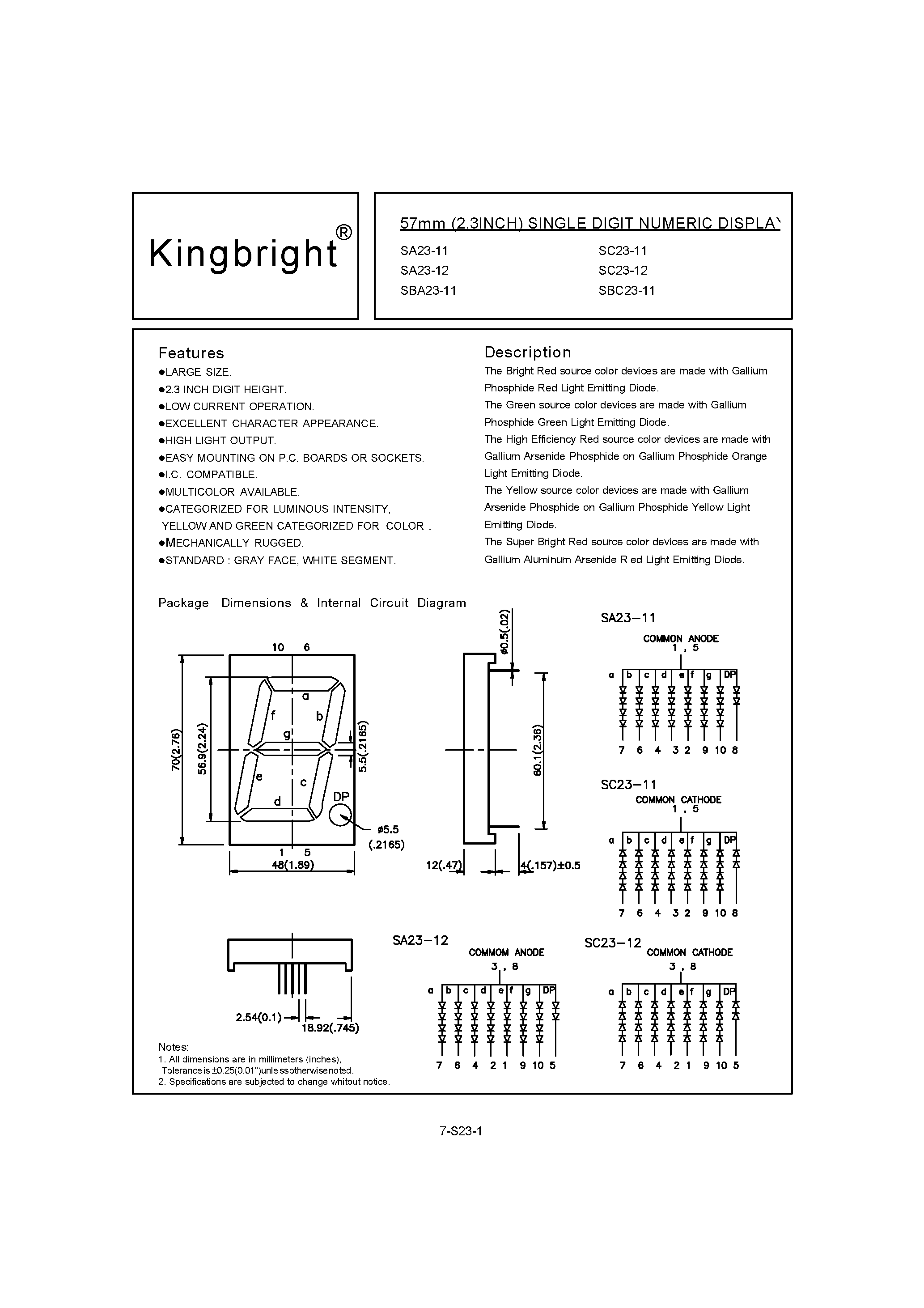 Datasheet SA23-11 page 1 Datasheet SA23-11 - 57 MM SINGLE DIGIT NUMERIC DISPLA page 1