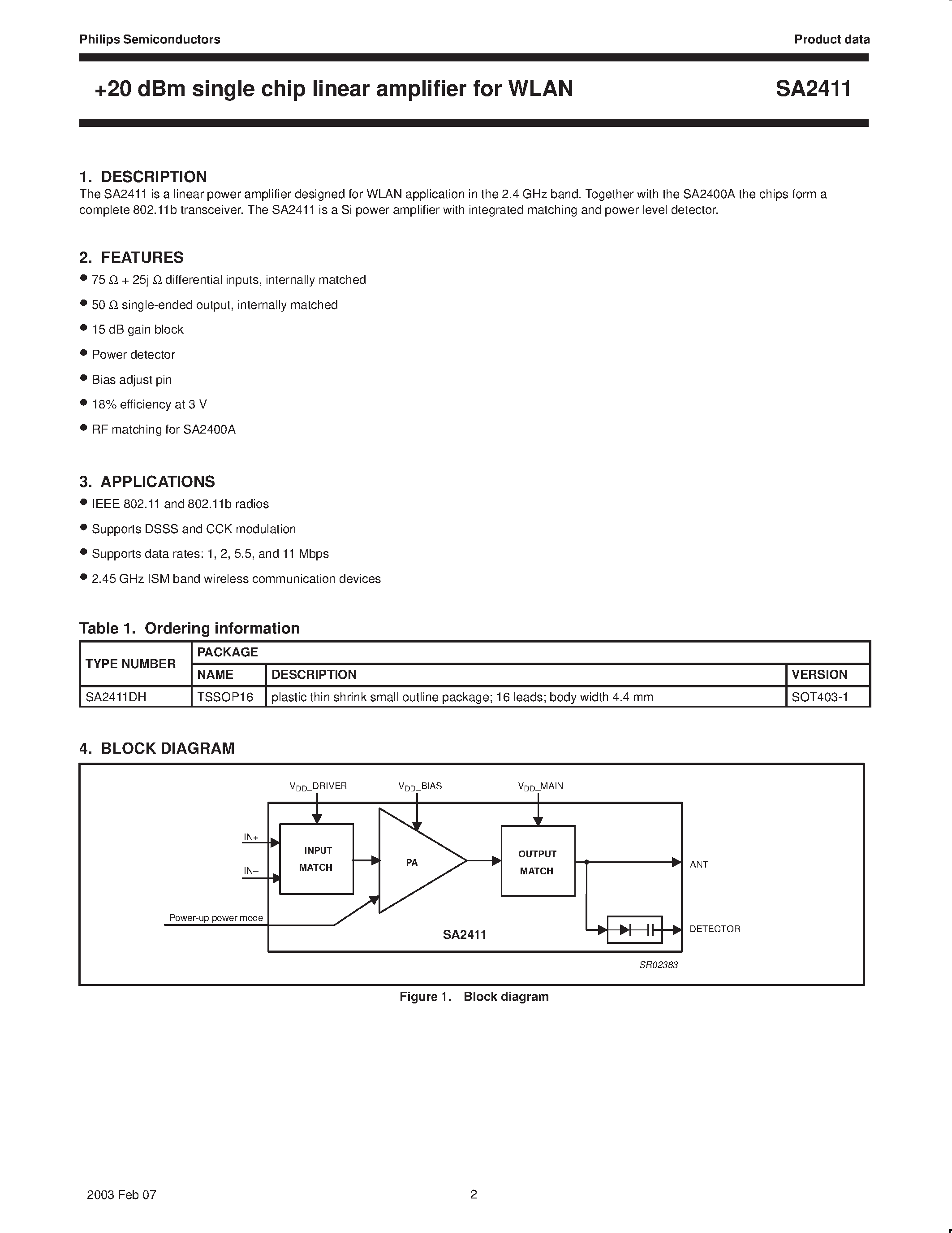 Даташит SA2411DH - +20 dBm single chip linear amplifier for WLAN страница 2