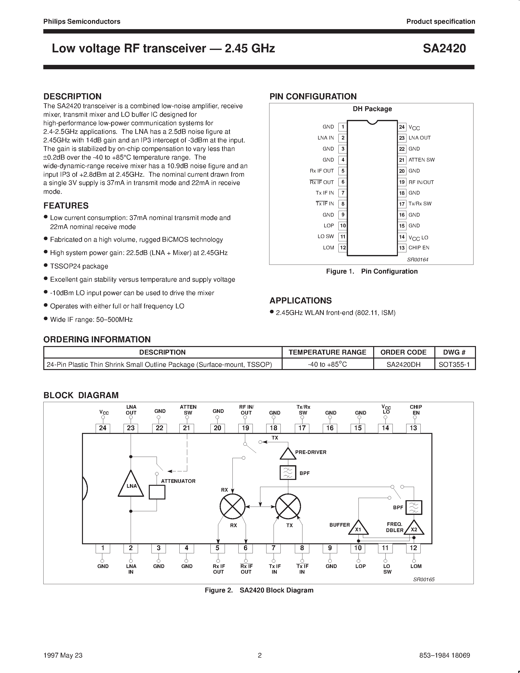 Datasheet SA2420 page 2 Datasheet SA2420 - Low voltage RF transceiver . 2.45GHz page 2