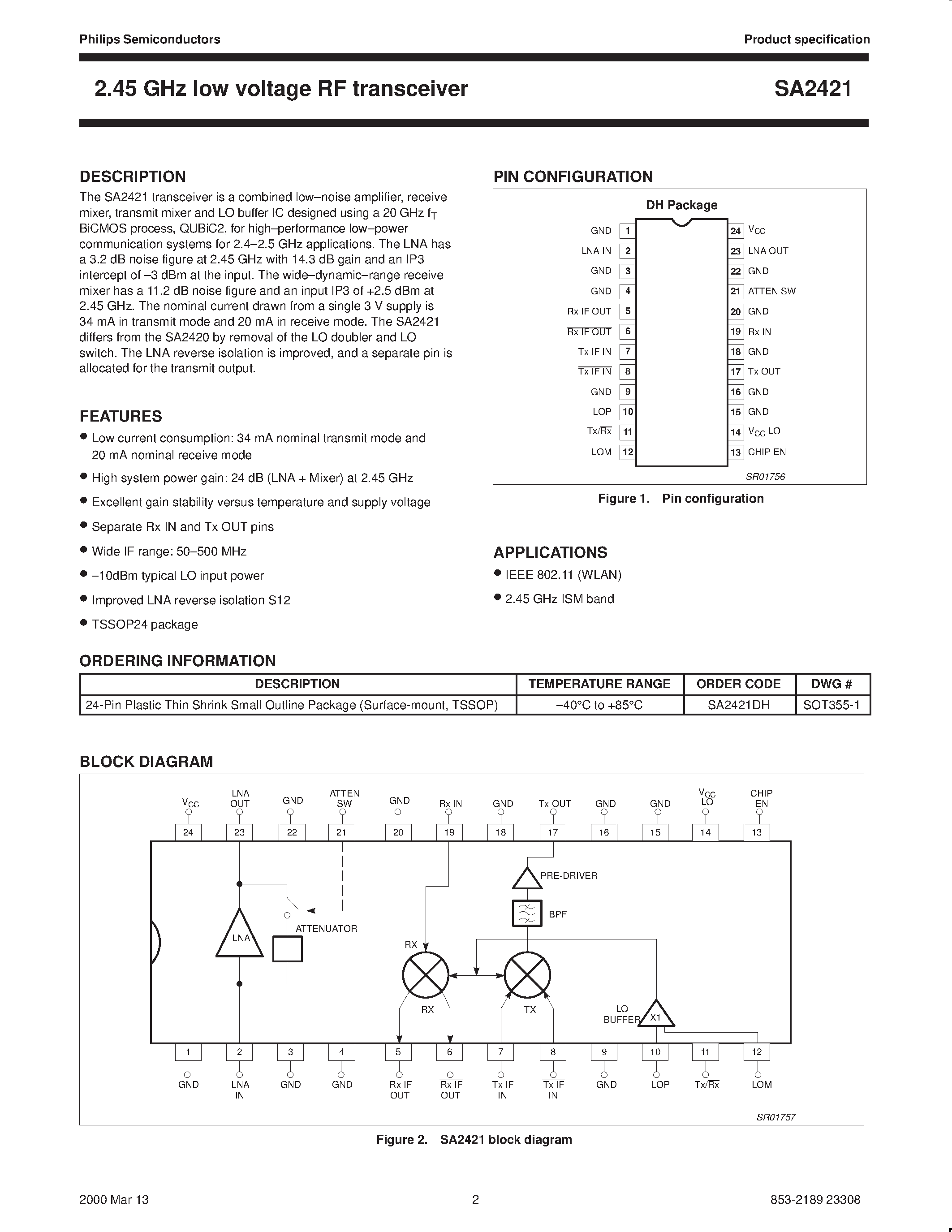 Datasheet SA2421 page 2 Datasheet SA2421 - 2.45 GHz low voltage RF transceiver page 2