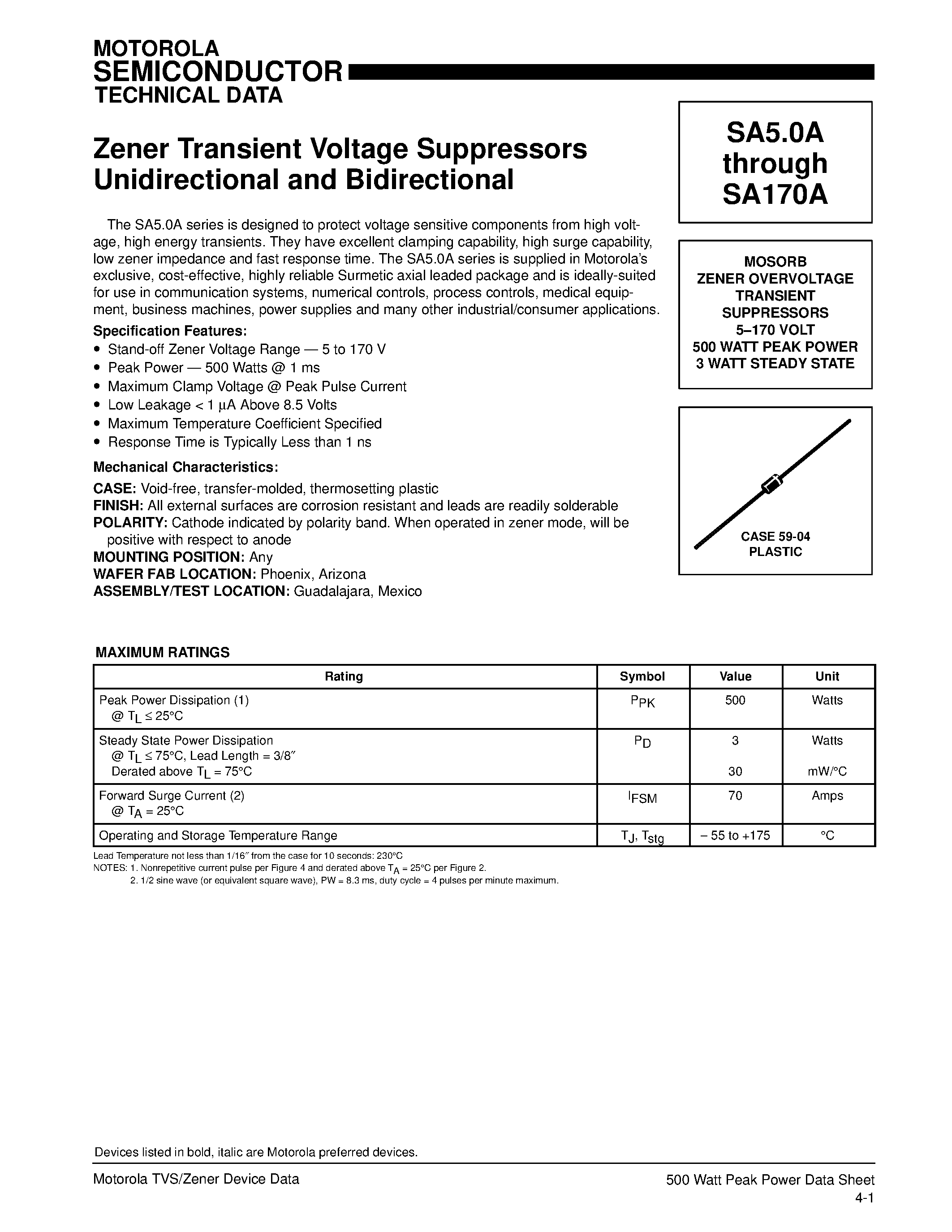 Datasheet SA24A page 1 Datasheet SA24A - MOSORB ZENER OVERVOLTAGE TRANSIENT SUPPRESSORS page 1