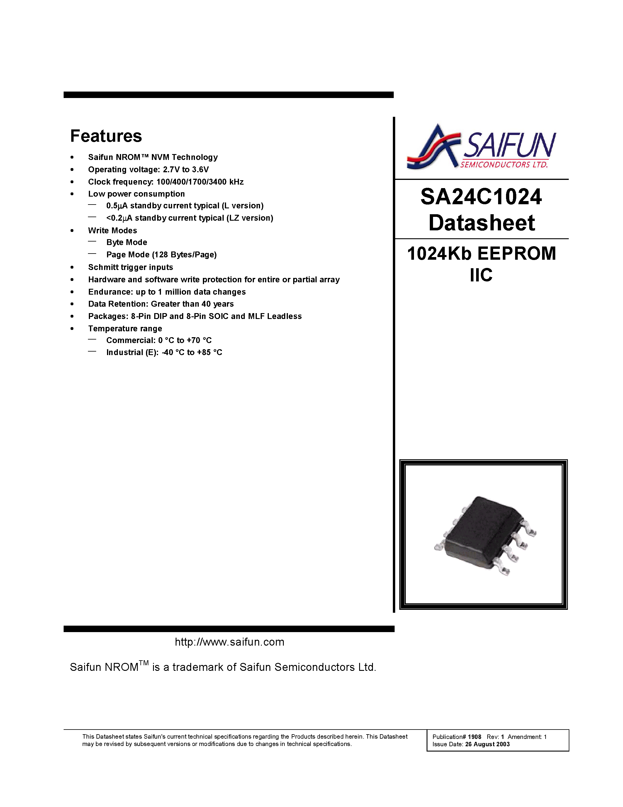 Даташит SA24C1024 - 1024Kb EEPROM IIC страница 1