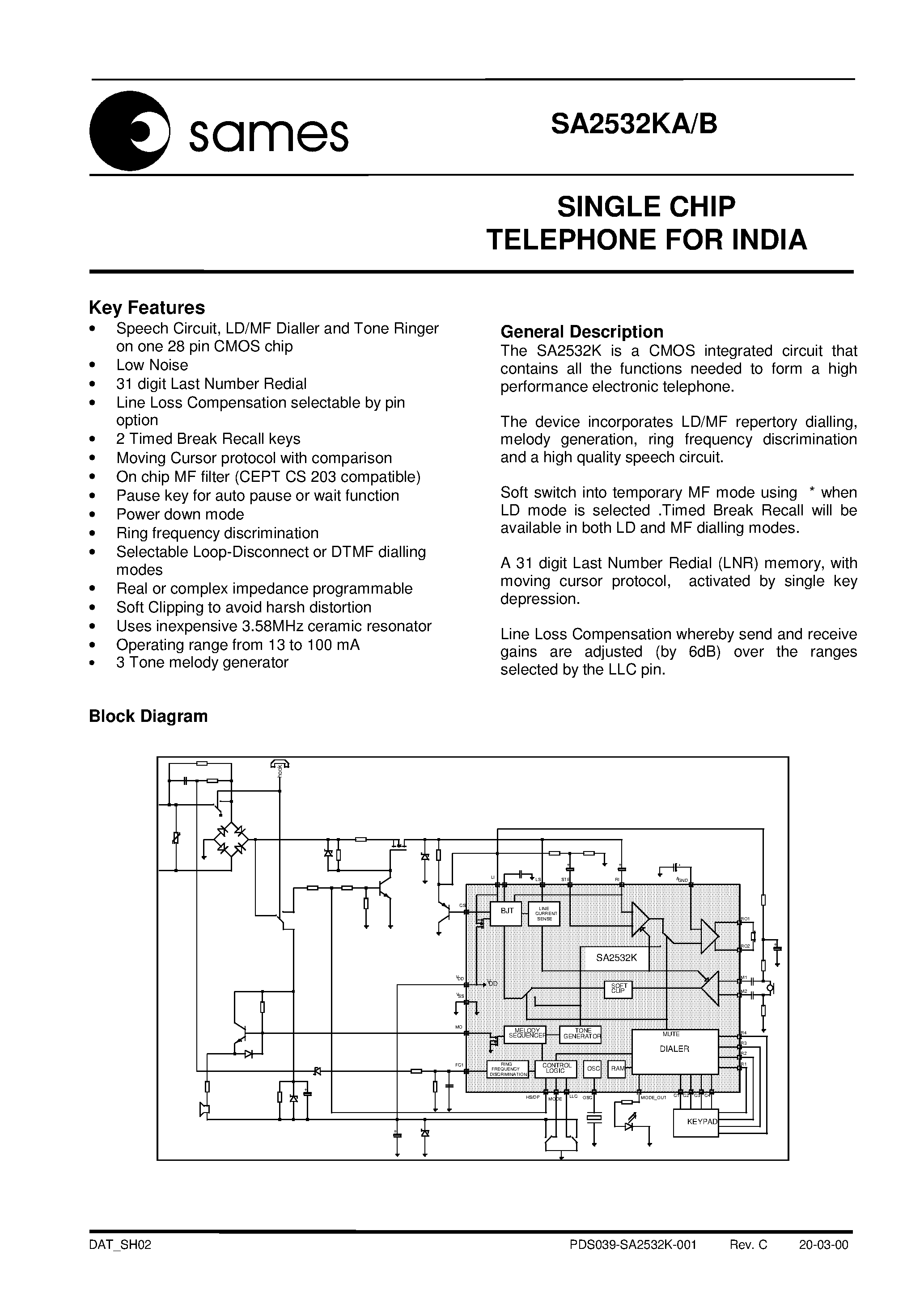 Даташит SA2532KA - SINGLE CHIP TELEPHONE FOR INDIA страница 1
