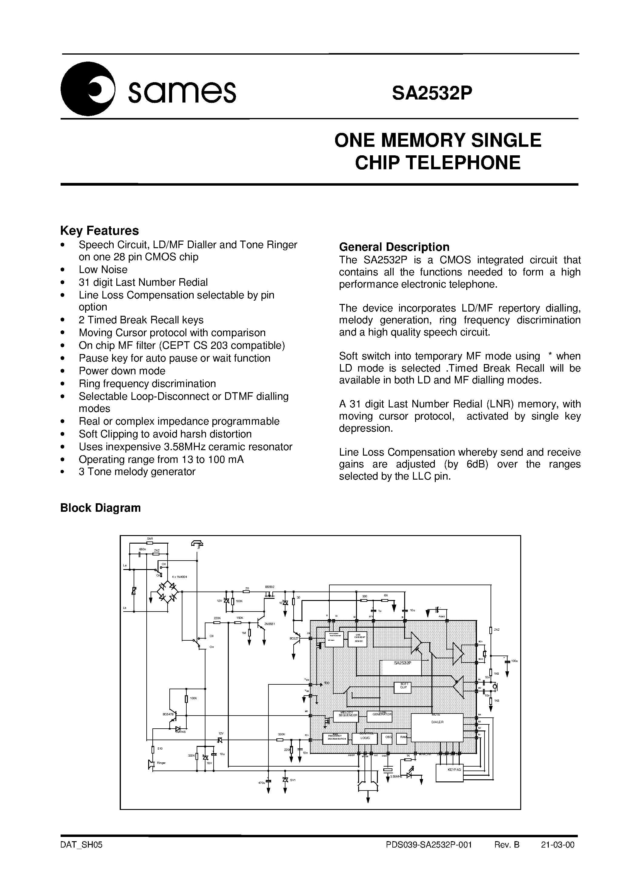 Datasheet SA2532P page 1 Datasheet SA2532P - ONE MEMORY SINGLE CHIP TELEPHONE page 1
