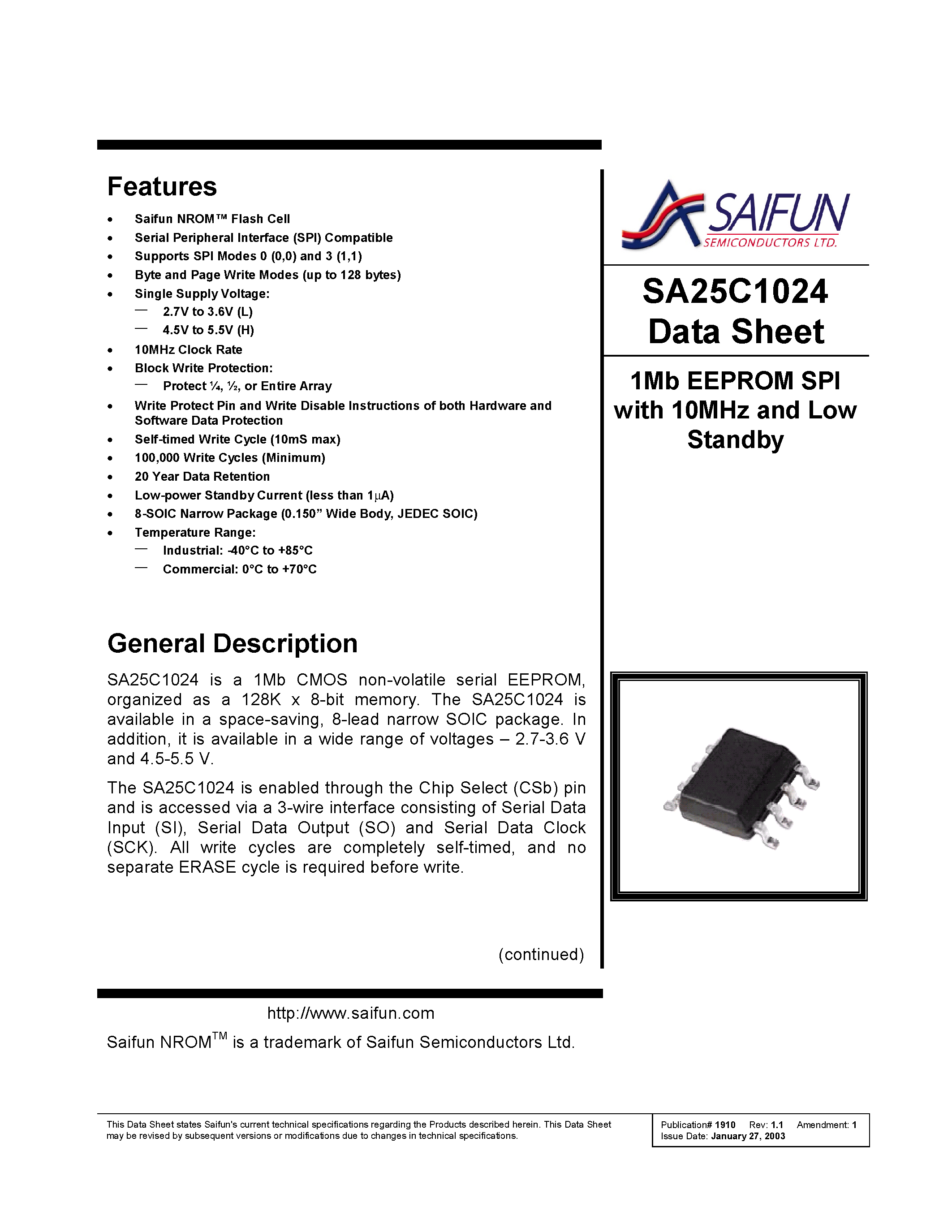 Datasheet SA25C1024 - 1Mb EEPROM SPI with 10MHz and Low Standby page 1