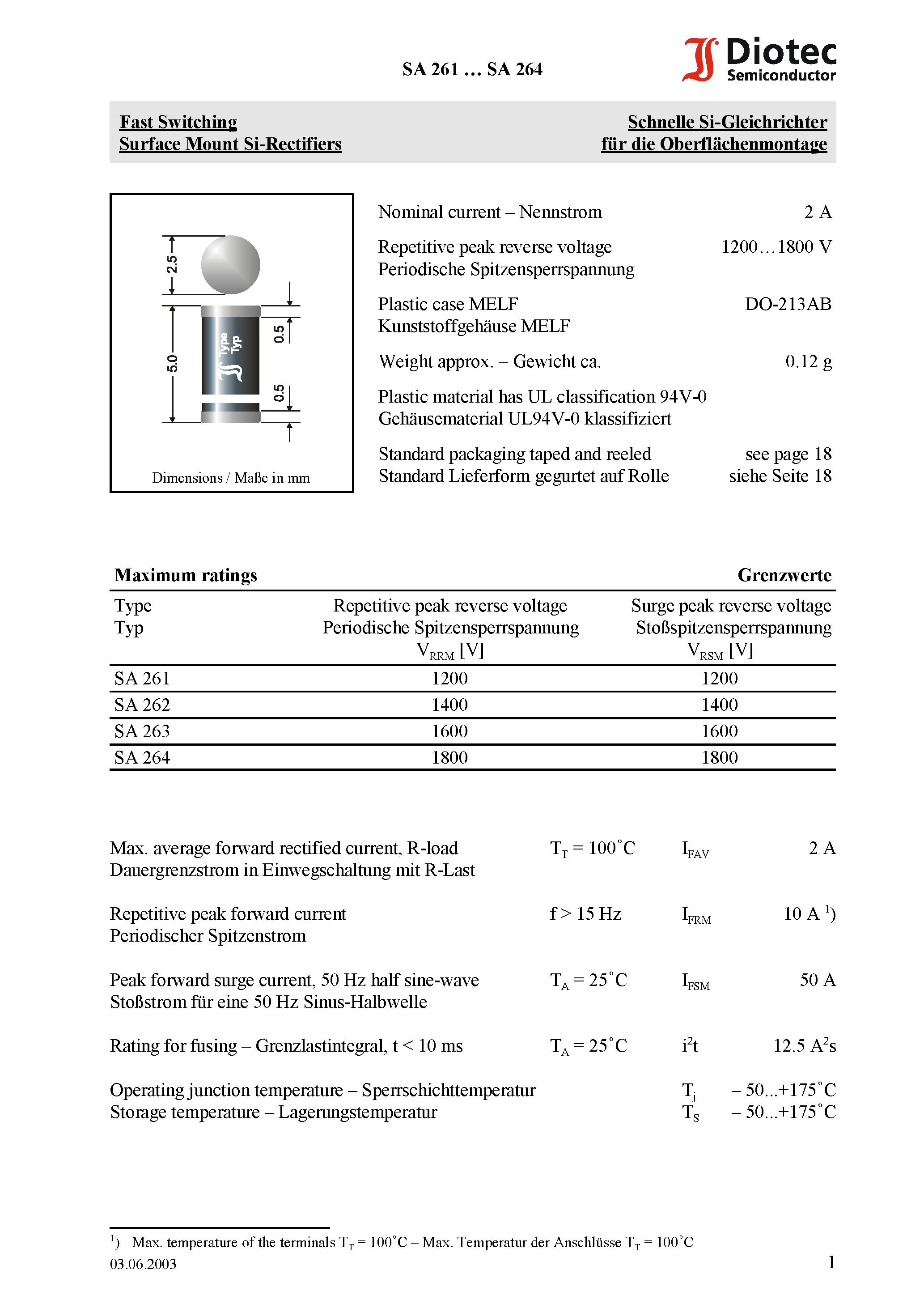 Datasheet SA262 - Fast Switching Surface Mount Si-Rectifiers page 1