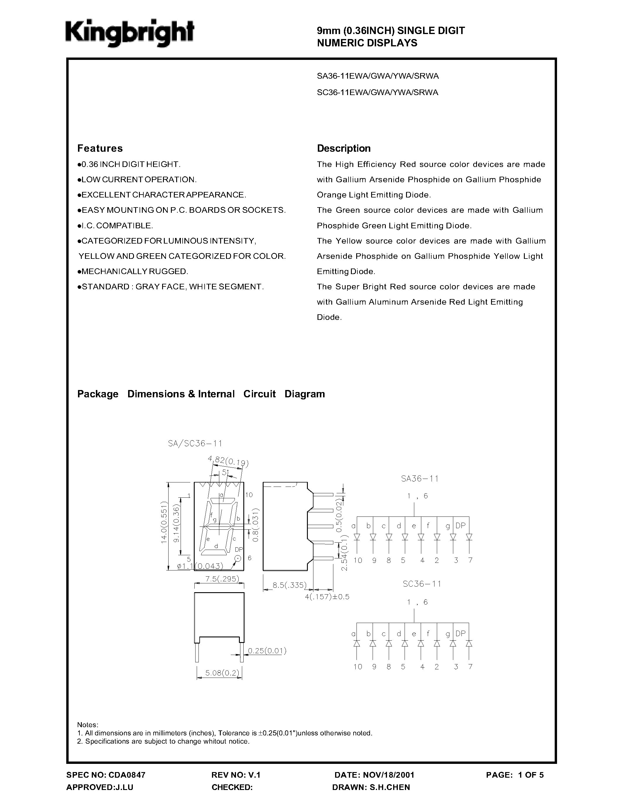 Datasheet SA36-11GWA - 9mm(0.36INCH) SINGLE DIGIT NUMERIC DISPLAYS page 1