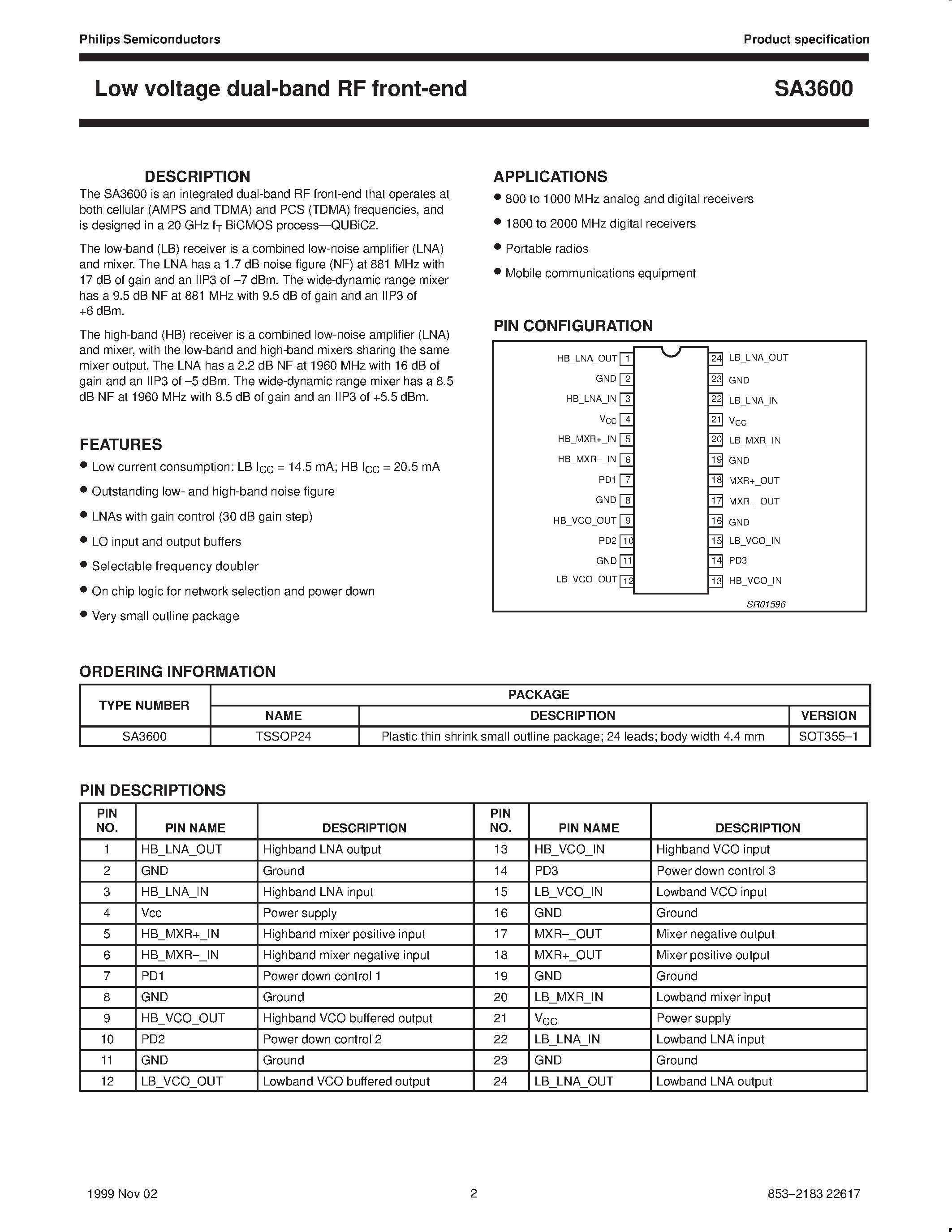Datasheet SA3600 - Low voltage dual-band RF front-end page 2