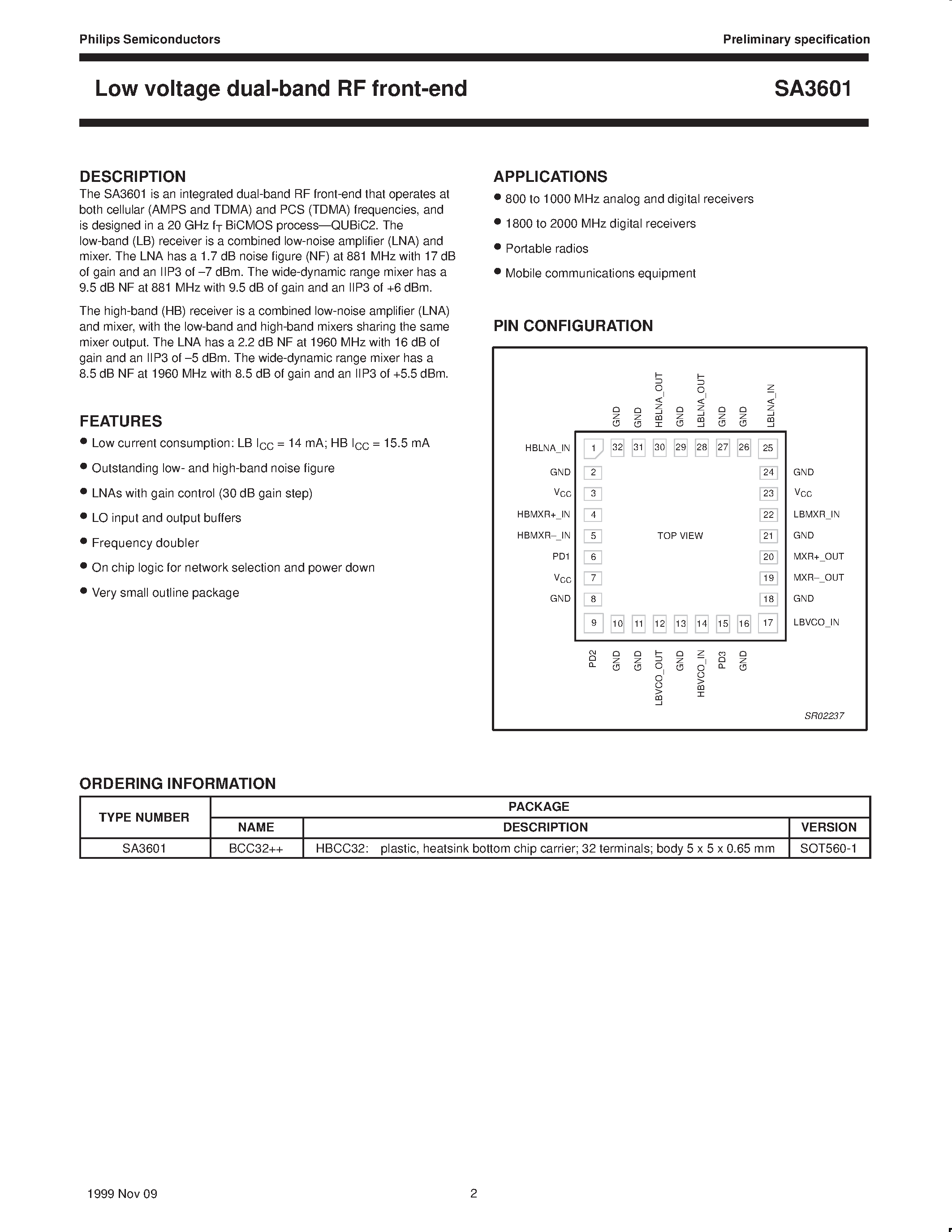 Datasheet SA3601 - Low voltage dual-band RF front-end page 2