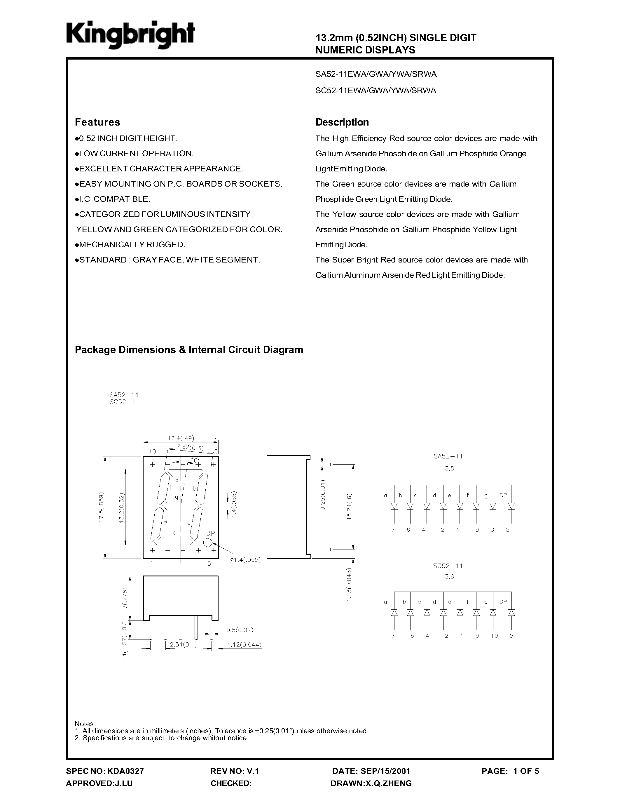 Datasheet SA52-11YWA - 13.2 MM SIGNLE DIGIT NUMERIC DISPLAYS page 1