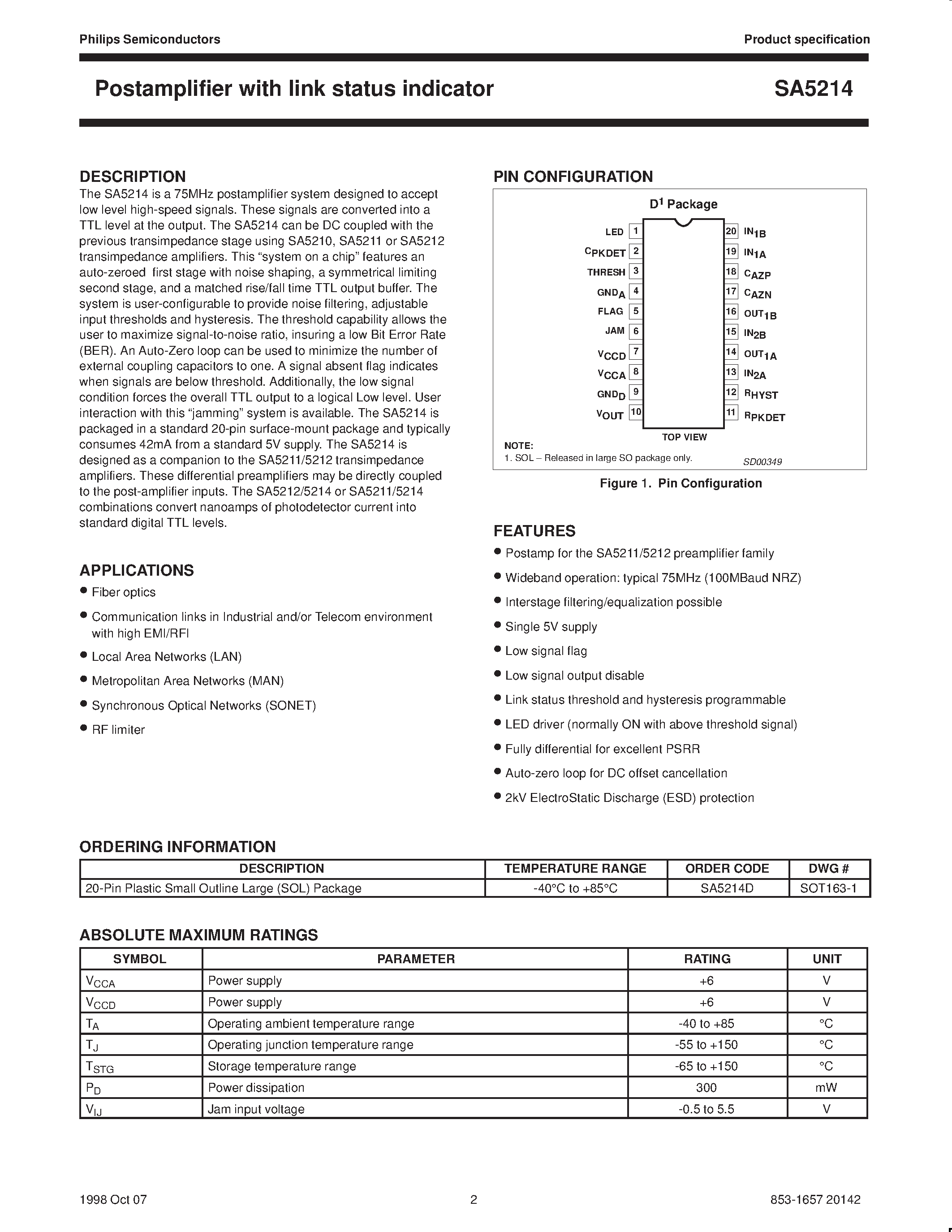 Datasheet SA5214 - Postamplifier with link status indicator page 2