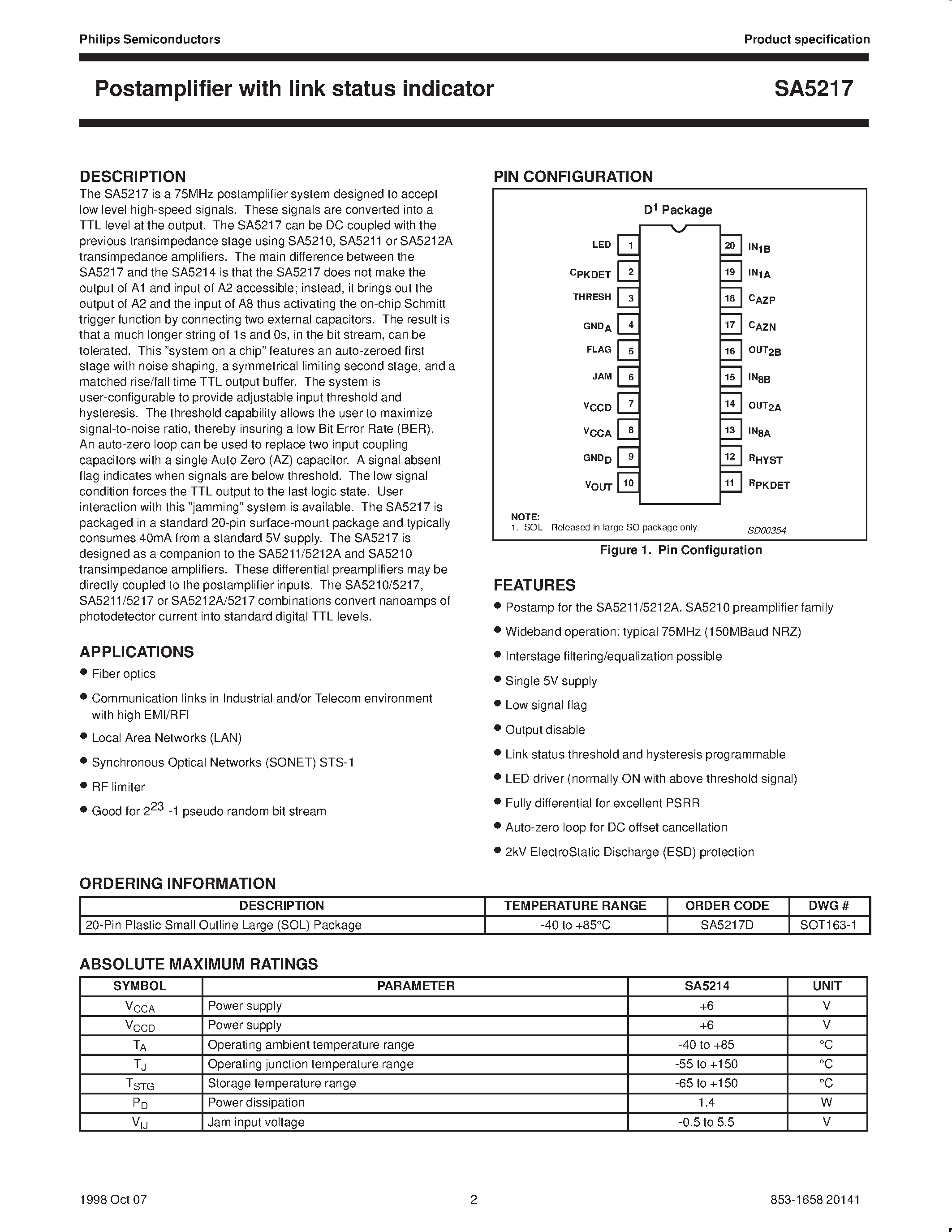 Datasheet SA5217 - Postamplifier with link status indicator page 2