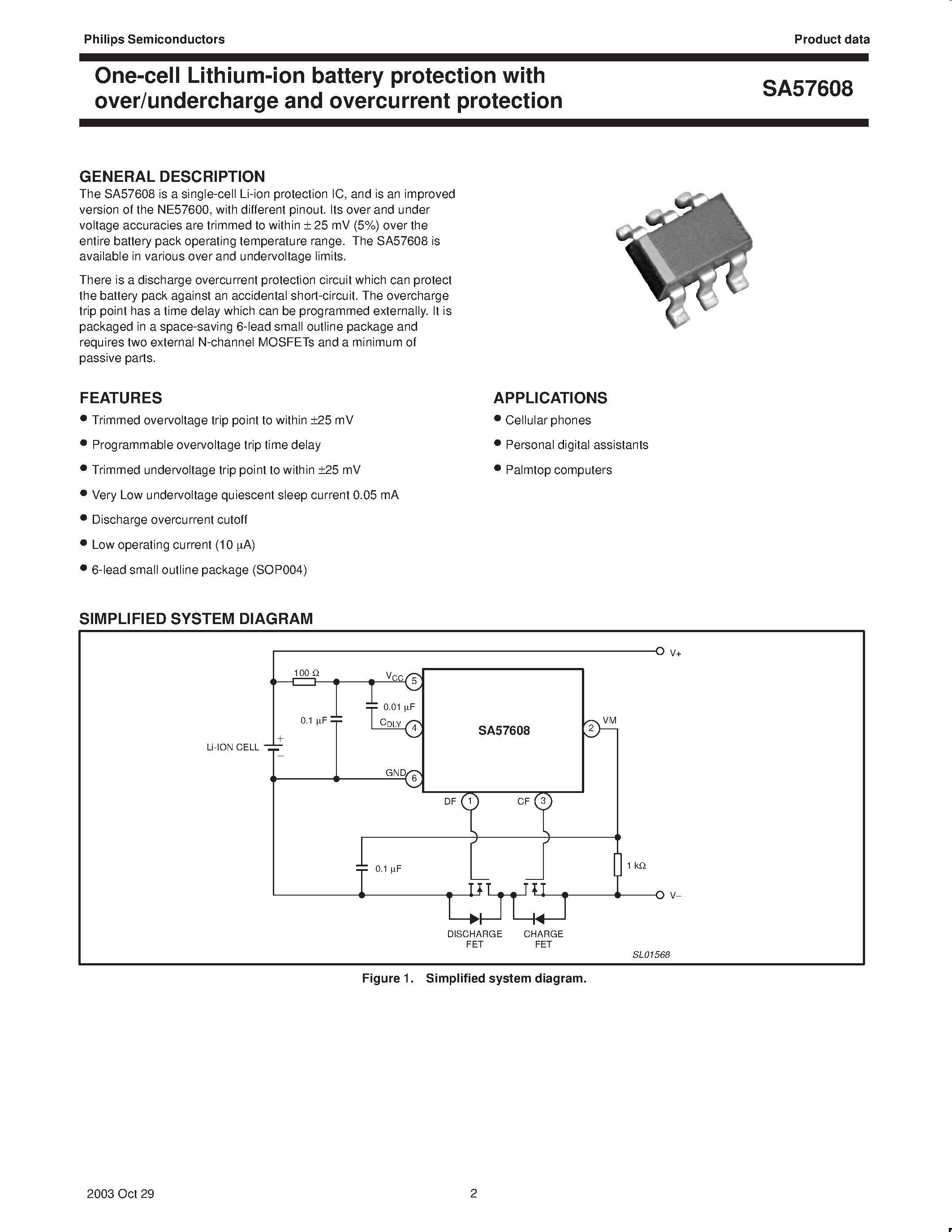 Datasheet SA57608XD page 2 Datasheet SA57608XD - One-cell Lithium-ion battery protection with over/undercharge and overcurrent protection page 2