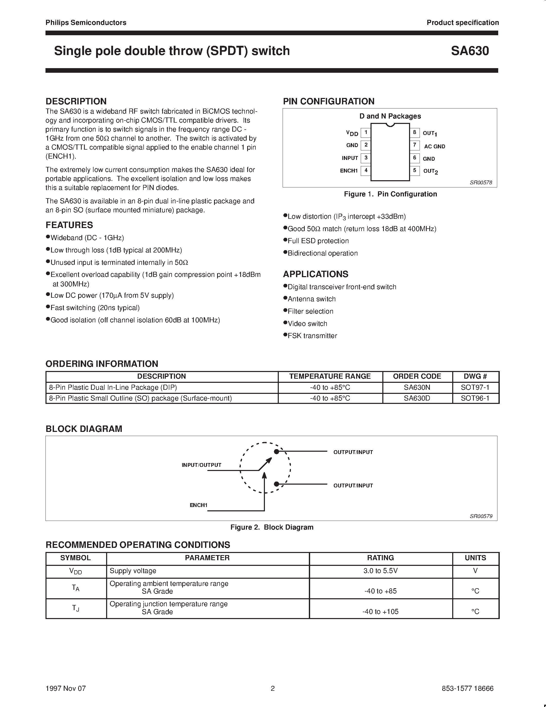 Datasheet SA630 page 2 Datasheet SA630 - Single pole double throw SPDT switch page 2