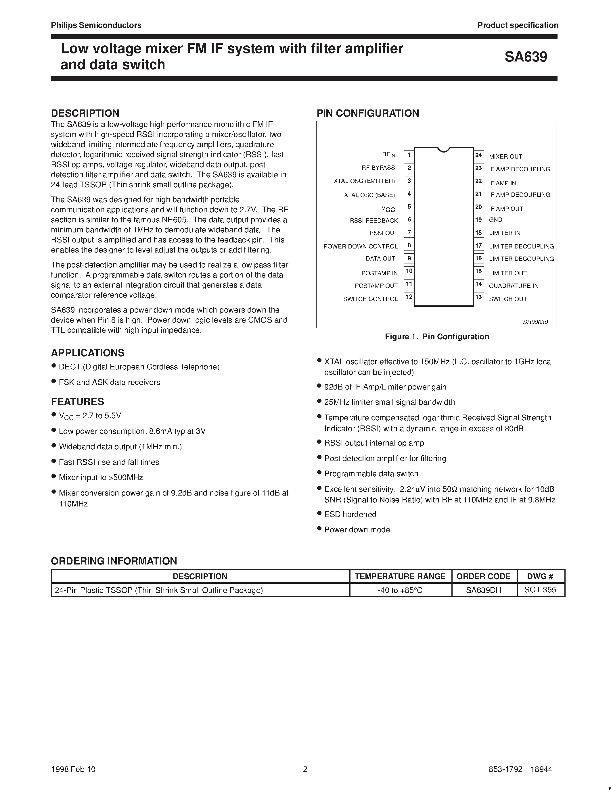 Datasheet SA639 page 2 Datasheet SA639 - Low voltage mixer FM IF system with filter amplifier and data switch page 2