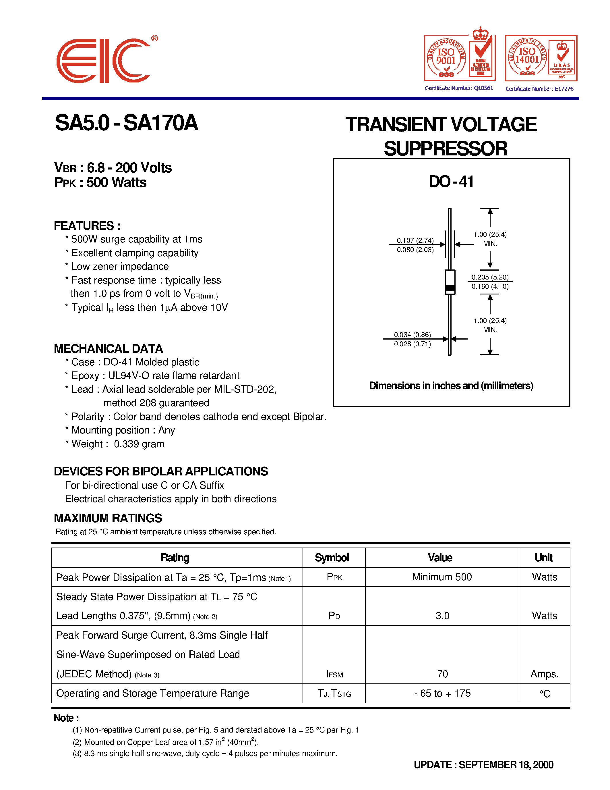 Datasheet SA7.5 - TRANSIENT VOLTAGE SUPPRESSOR page 1