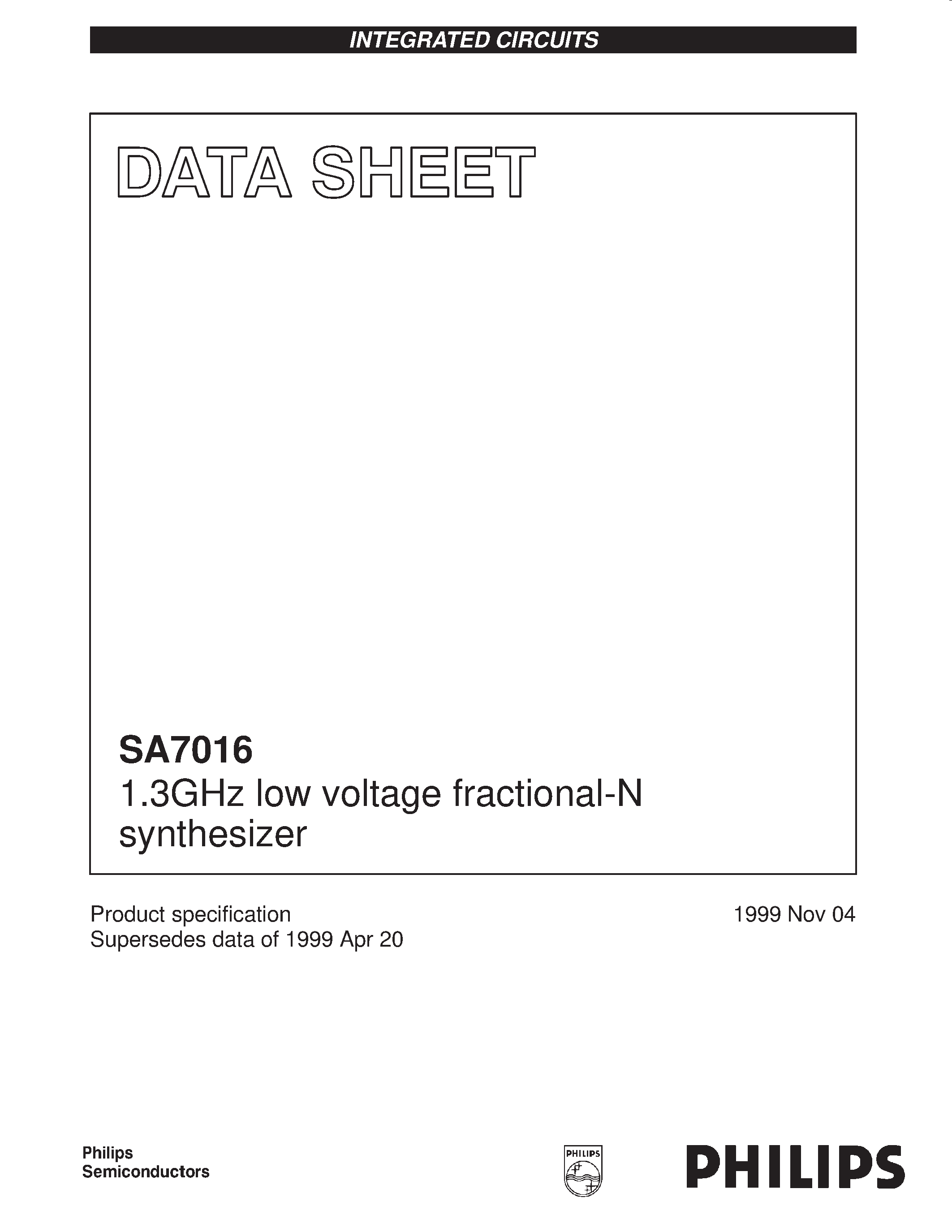 Даташит SA7016 - 1.3GHz low voltage fractional-N synthesizer страница 1