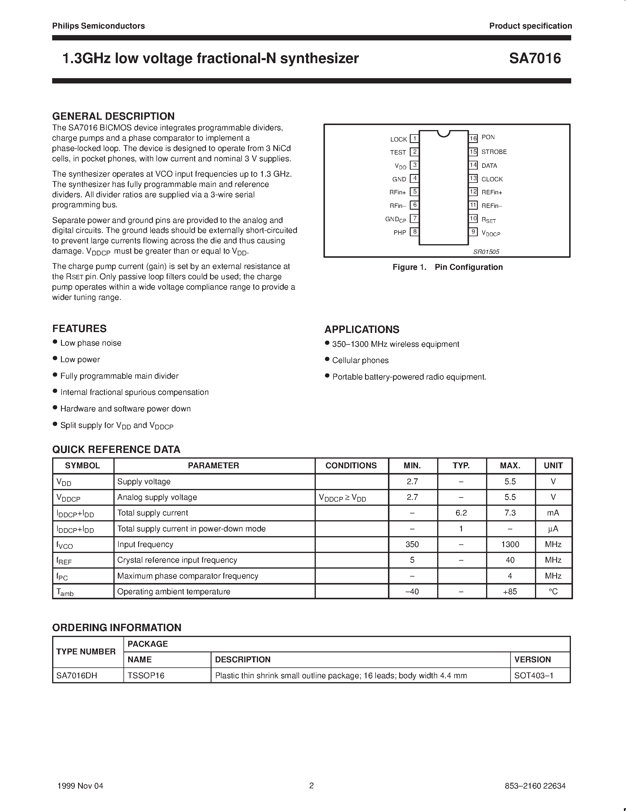 Даташит SA7016 - 1.3GHz low voltage fractional-N synthesizer страница 2