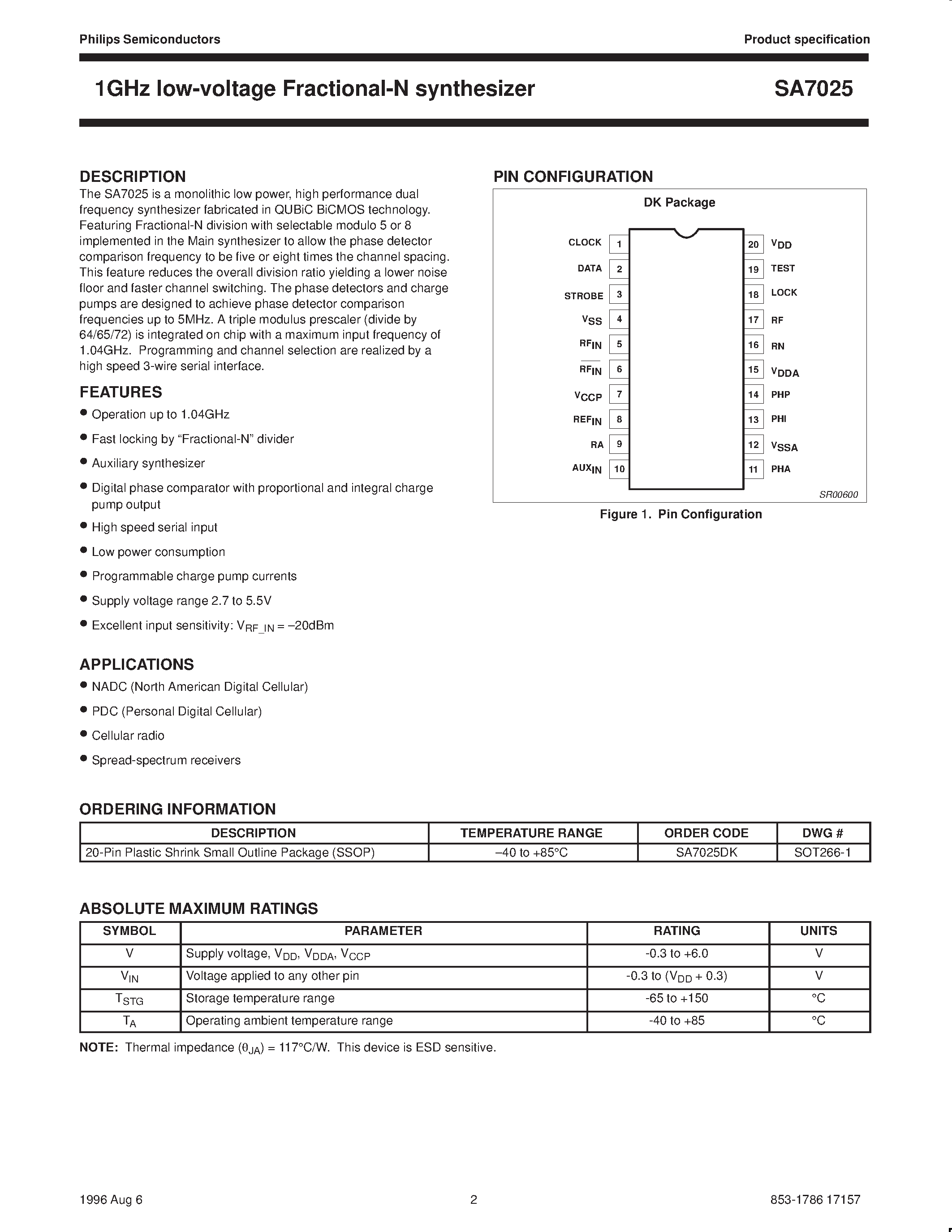 Datasheet SA7025 page 2 Datasheet SA7025 - Low-voltage 1GHz fractional-N synthesizer page 2