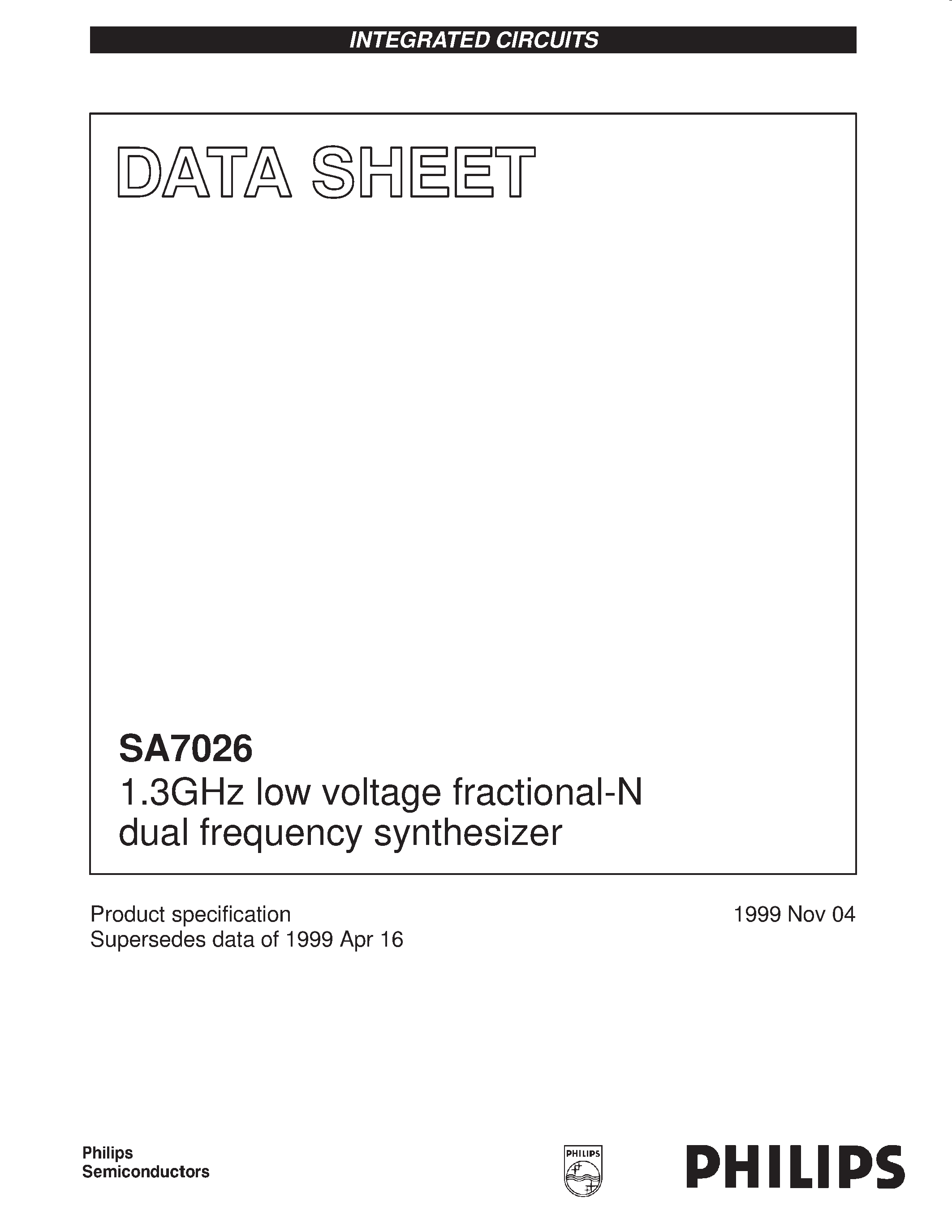 Datasheet SA7026 - 1.3GHz low voltage fractional-N dual frequency synthesizer page 1
